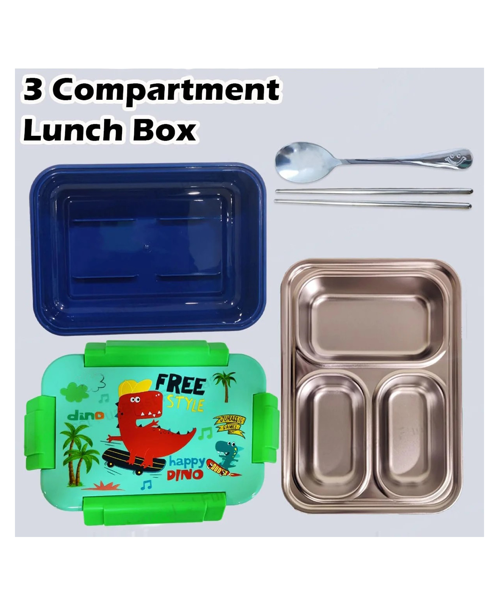 Lunch Boxes for kids - Lunch Box for Kids Durable Perfect Size for On-The-Go Meal, BPA-Free and Food 3 Compartment Stainless Steel - Green(color and design may vary)-image-26