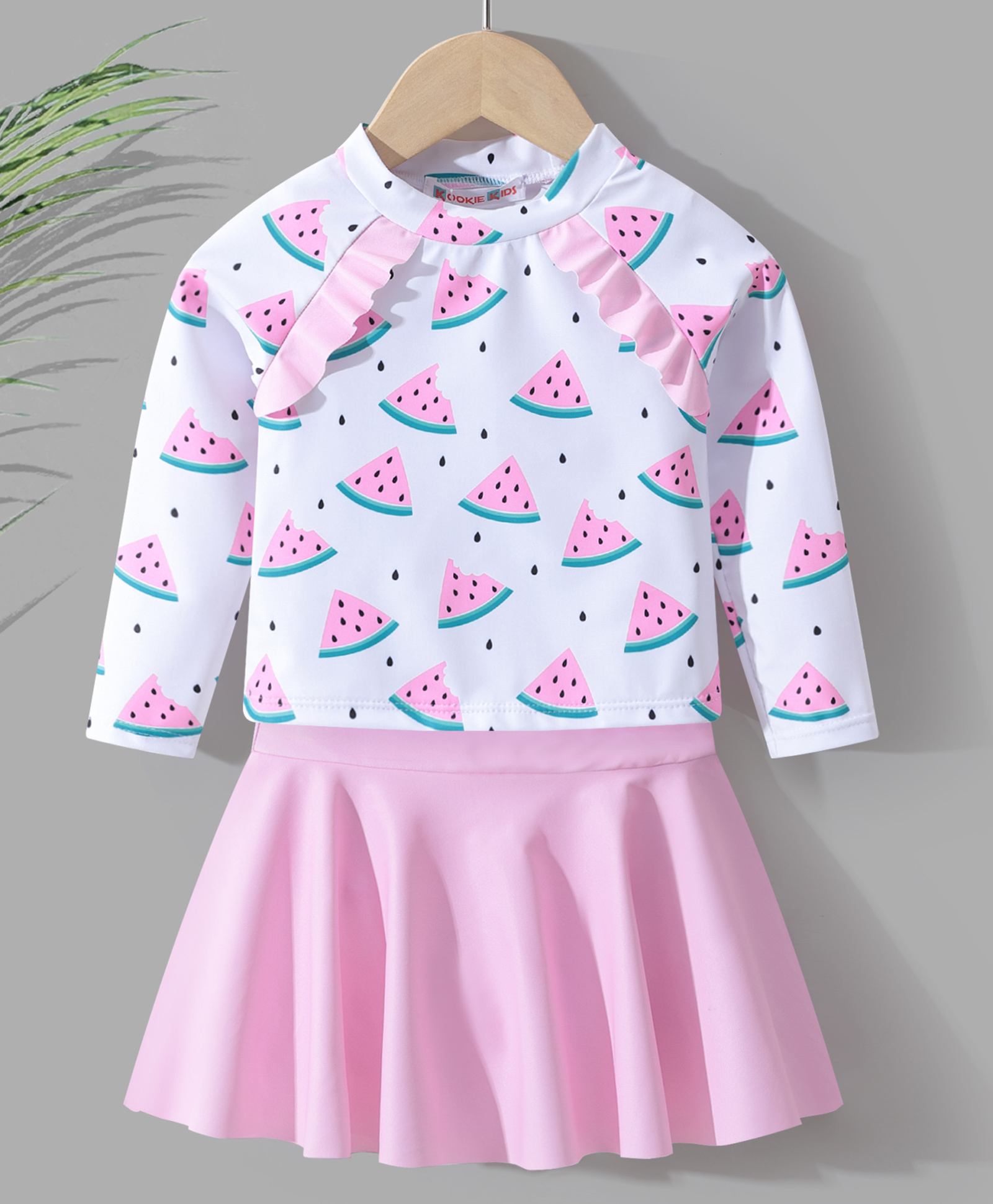 Kookie Kids Full Sleeves Two Piece Swimsuit Watermelon Print - Pink-image-35