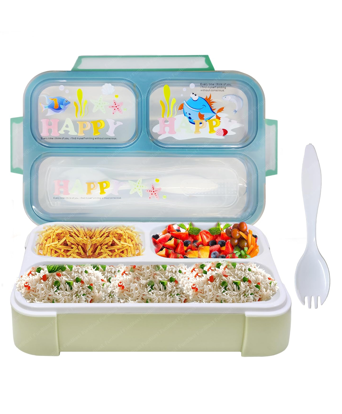 FunBlast 3 Compartment Lunch Box with Fork  Blue-image-29