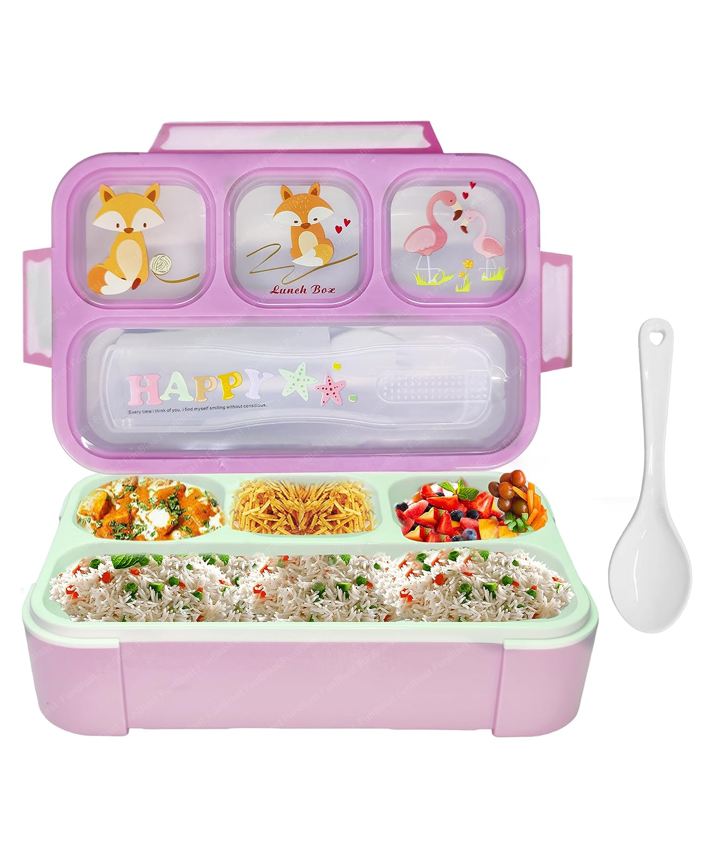 FunBlast 4 Compartments Lunch Box with Fork  Pink-picture-16