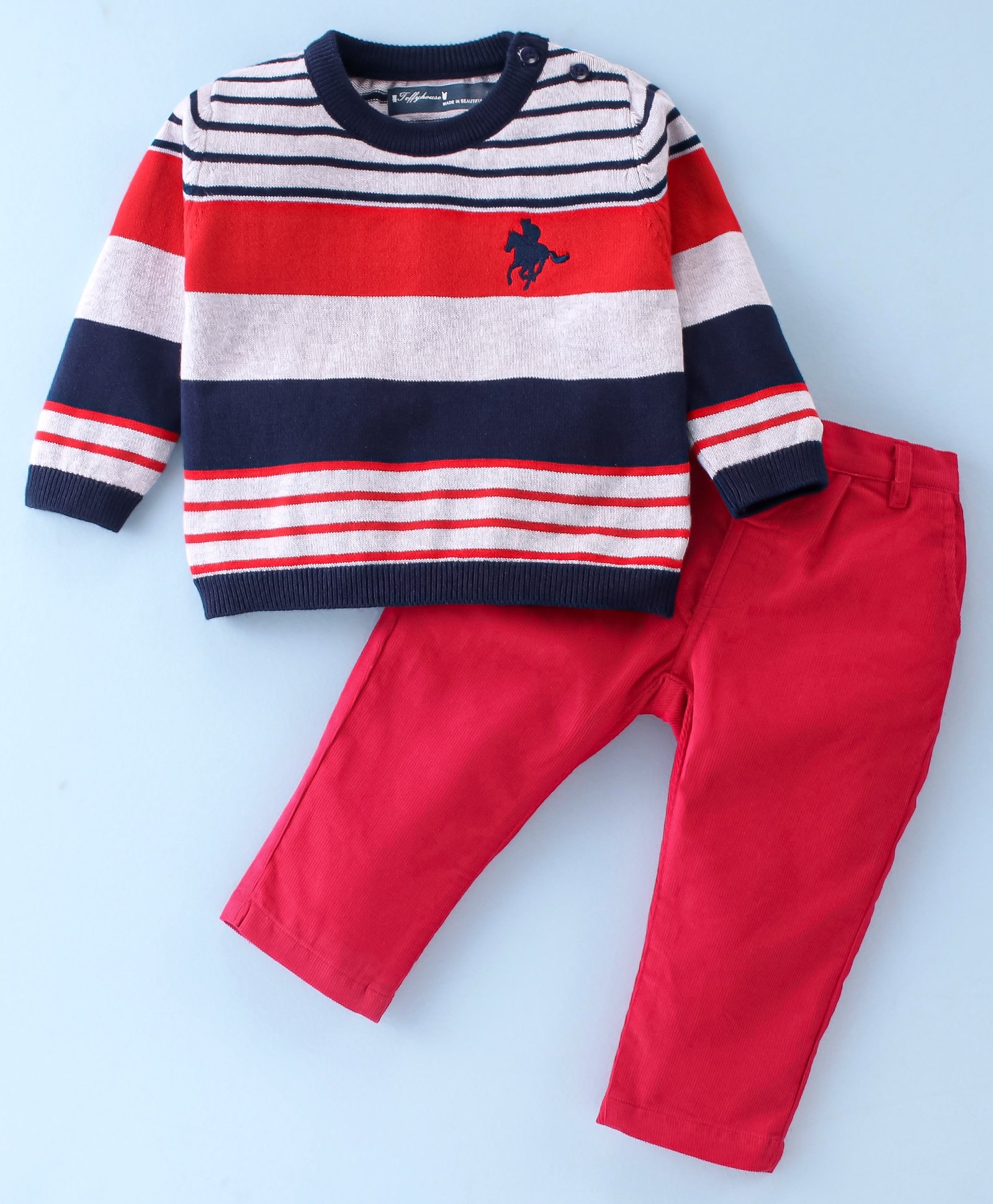 ToffyHouse 100% Cotton Full Sleeves Winter T-Shirt & Corduroy Pant Set Stripes Design - Red & Blue-image-41