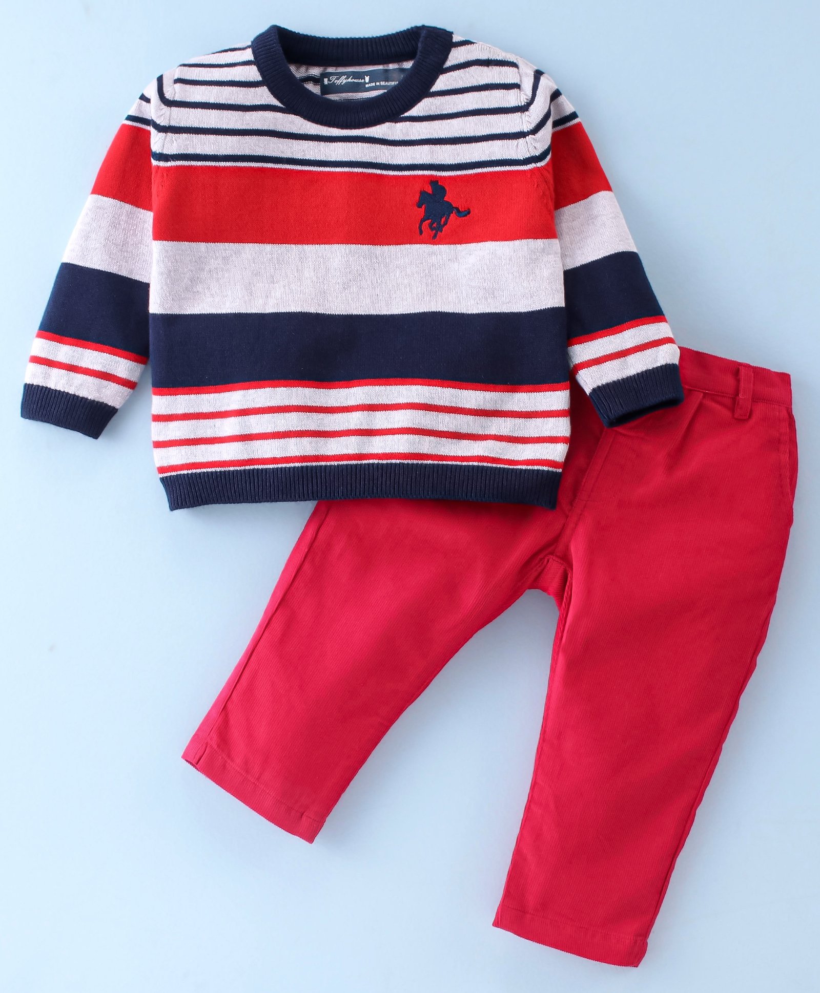 ToffyHouse 100% Cotton Full Sleeves Winter T-Shirt & Corduroy Pant Set Stripes Design - Red & Blue-picture-21