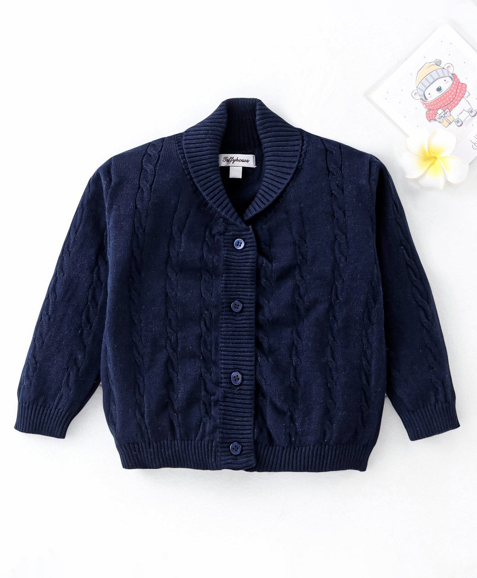 ToffyHouse Full Sleeves Cable Knit Front Open Sweaters - Navy Blue-picture-20