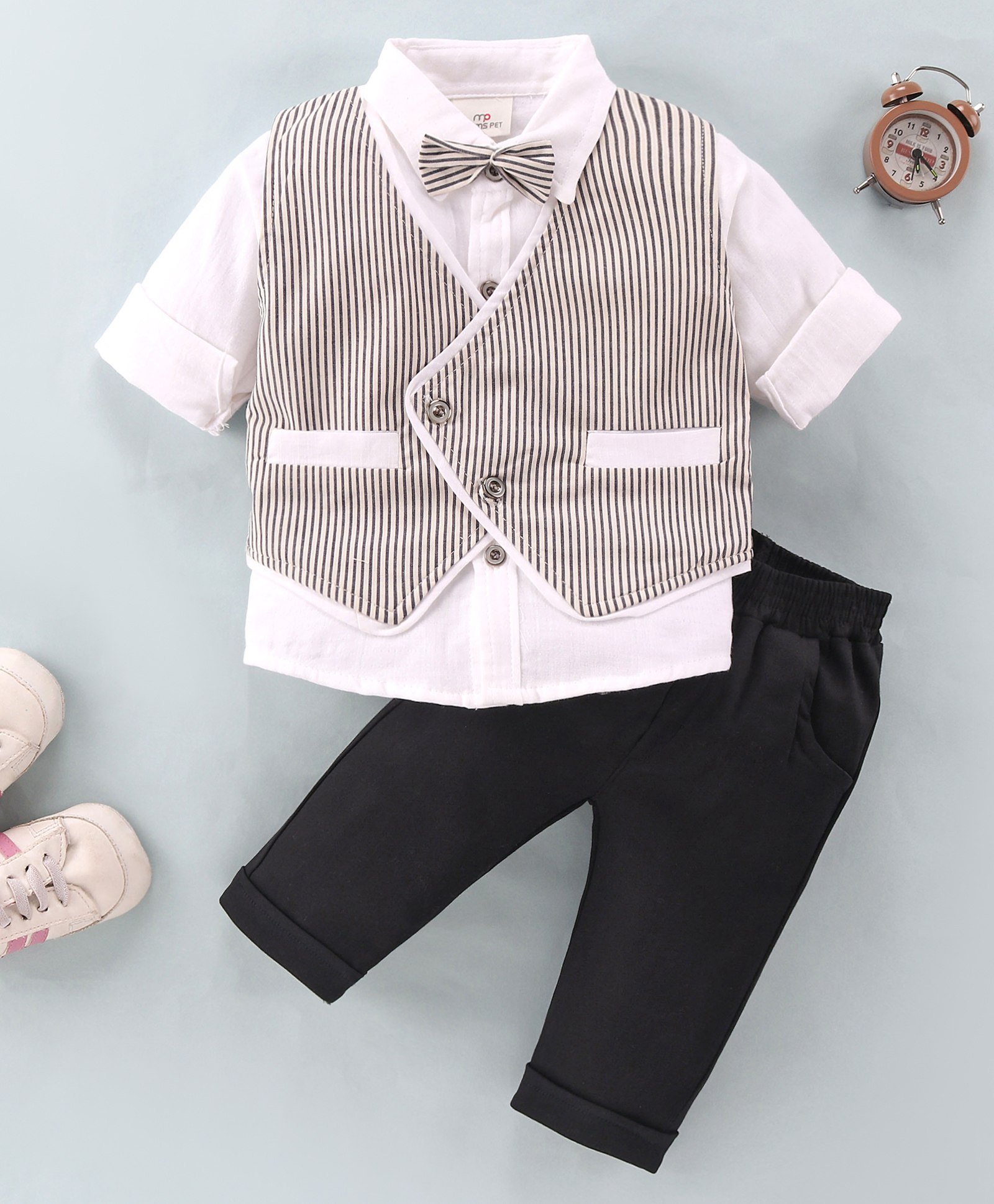 Mom's pet Full Sleeves Striped Waistcoat And Pant With Shirt & Attached Bow   - Grey-picture-12