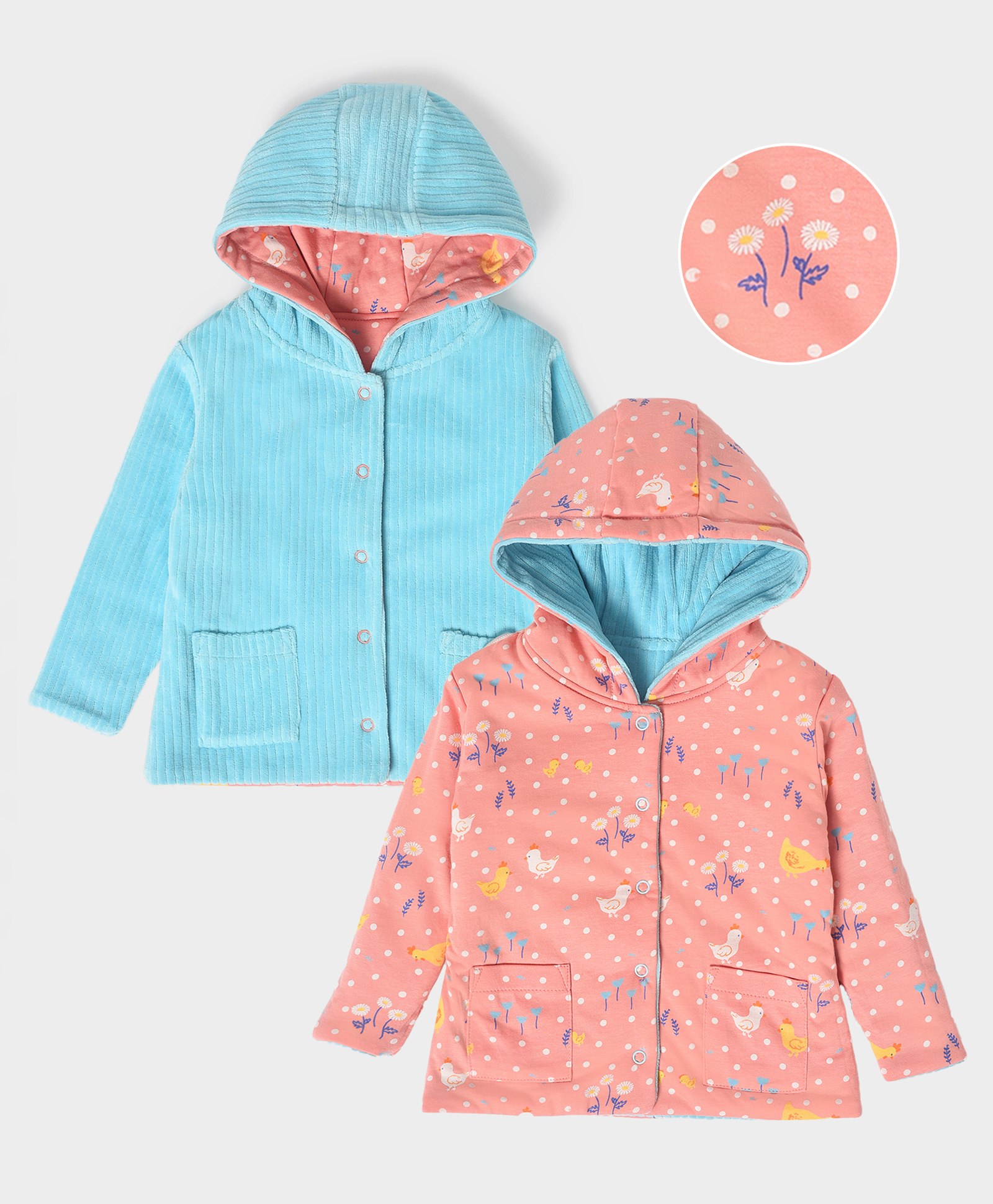 Mi Arcus Full Sleeves Polka Dots & Flower Printed   Reversible Jacket -   Sky Blue-picture-10