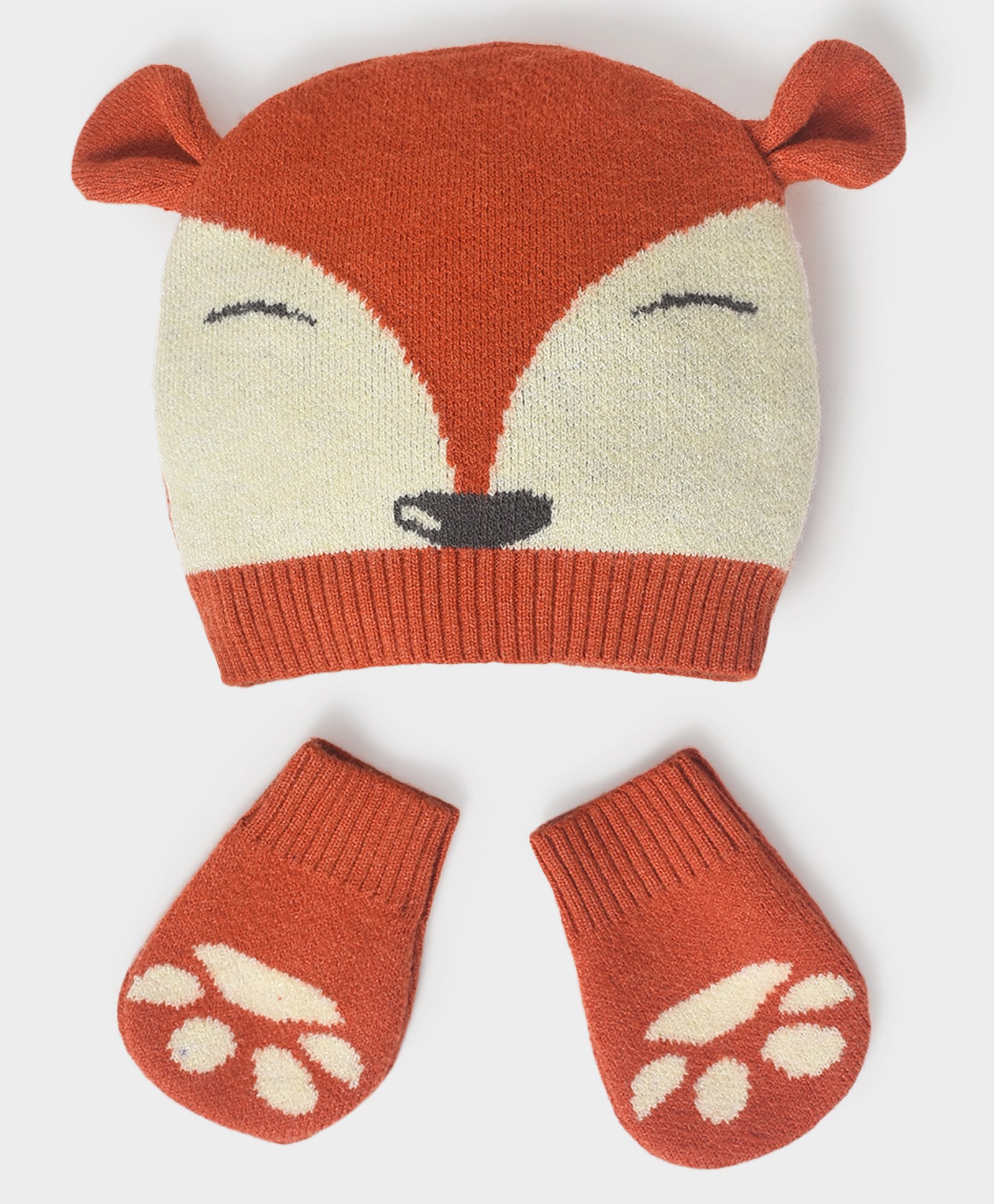 Mi Arcus 100% Cotton Animal Face Knitted Cap & Mitten Set  - Brown-picture-43