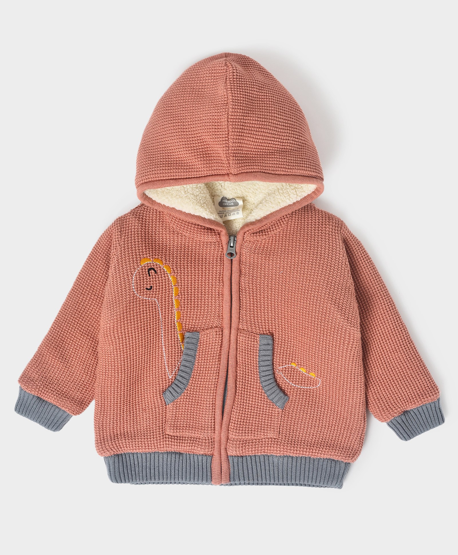 Mi Arcus Full Sleeves Colour Blocked  Dinosaur Pocket Design Embroidered Knitted Cameo Jacket - Brown-picture-11