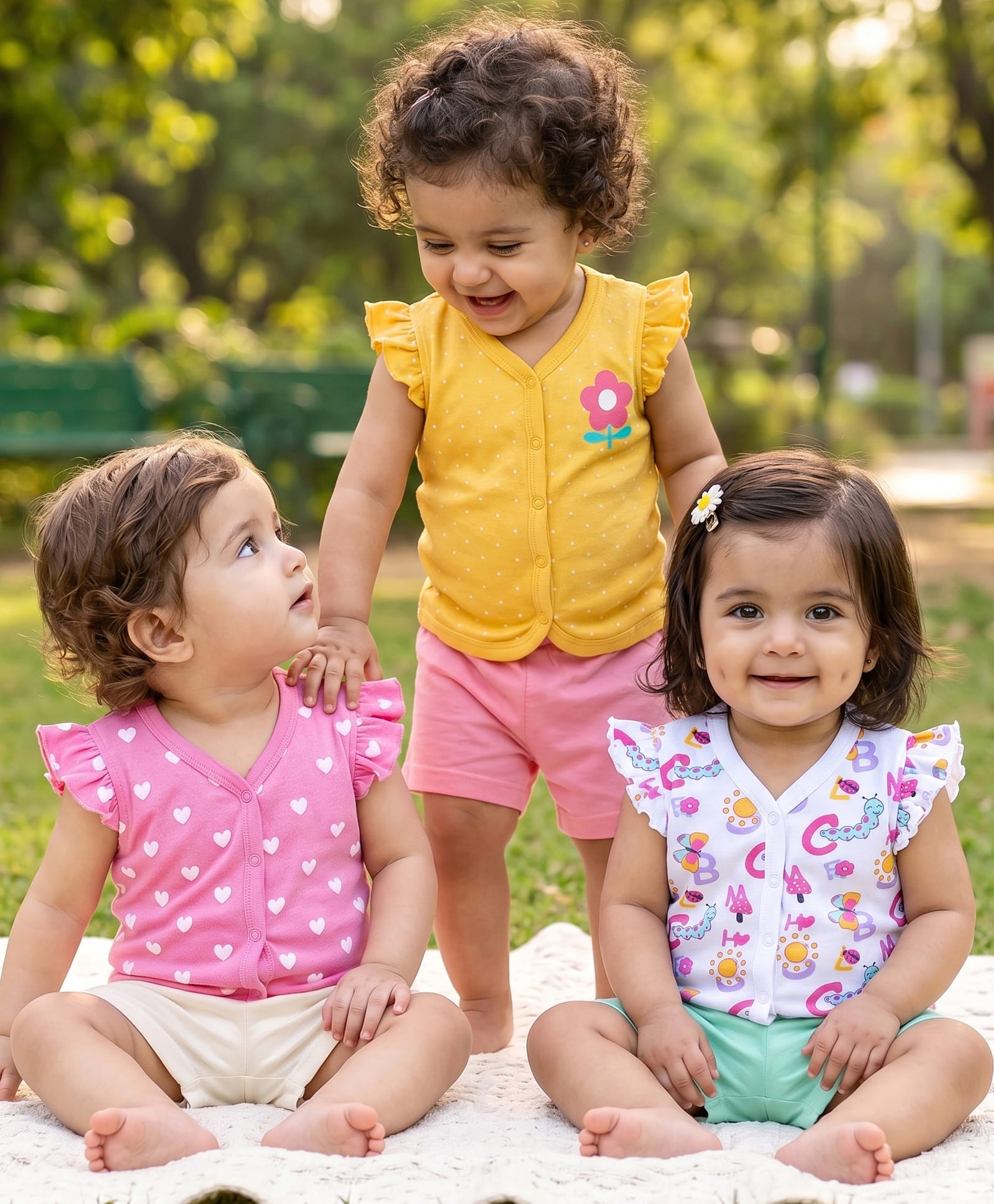 Babyhug 100% Cotton Knit Front Open Vest Floral & Heart Print Pack of 3 -White Pink & Yellow-image-1