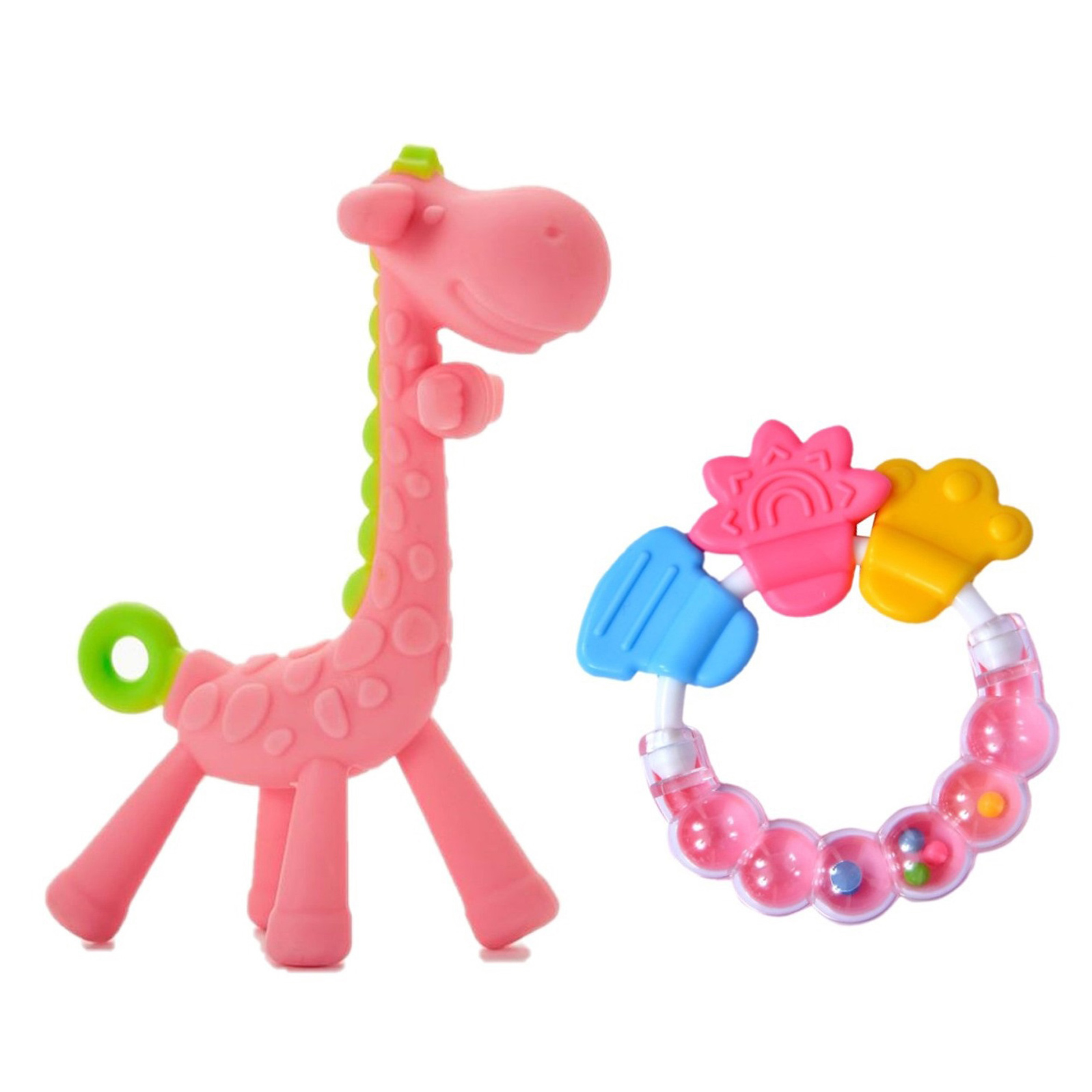 NeonateCare Silicone Combo Of Giraffe Shape & Rattle Handle Teethers ( Giraffe -  Ring teether)- Multicolor ( color and design may vary)-picture-18