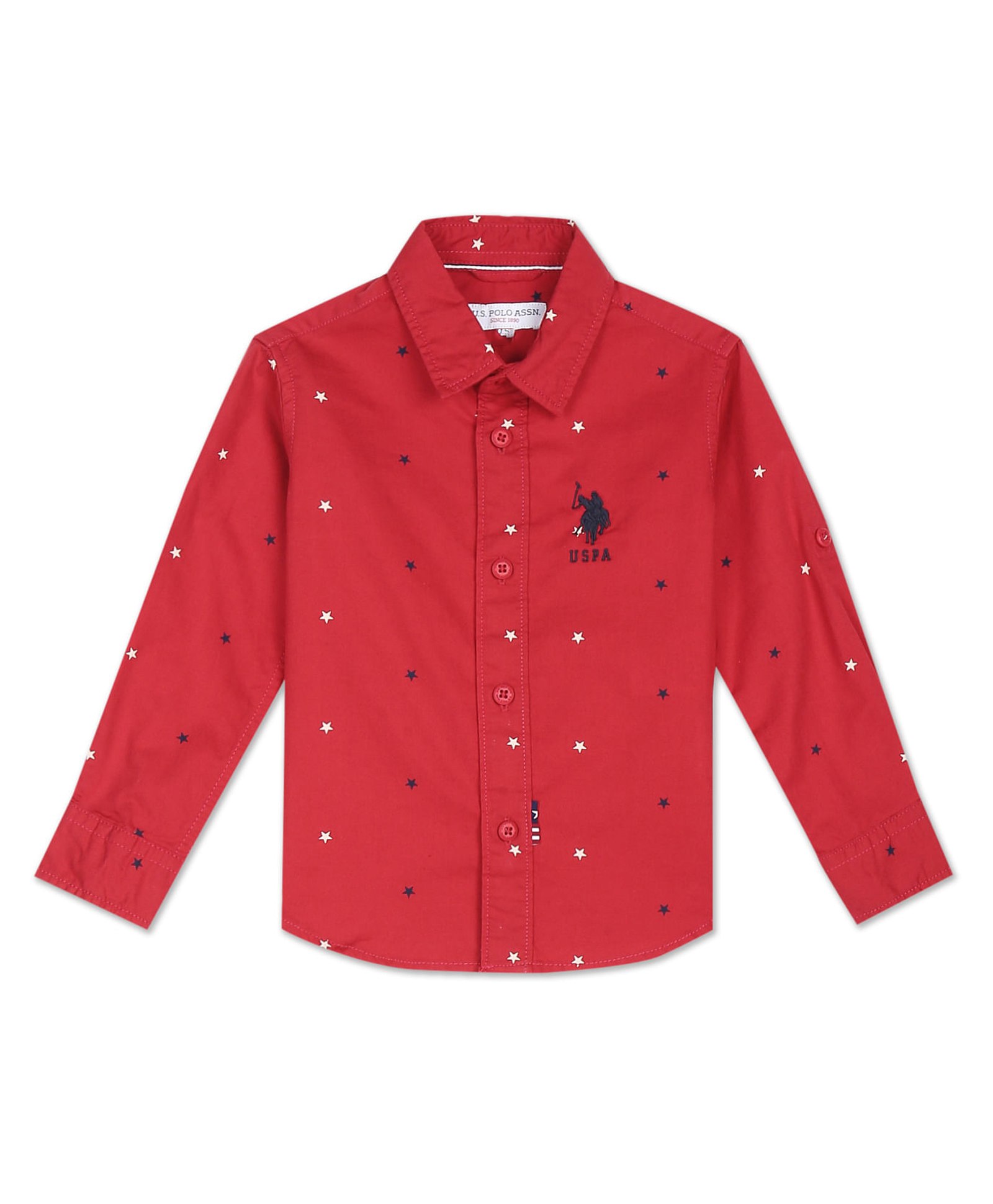 US Polo Assn Cotton Knit Full Sleeves Shirt With Star Print & Logo Embroidery - Red-picture-17