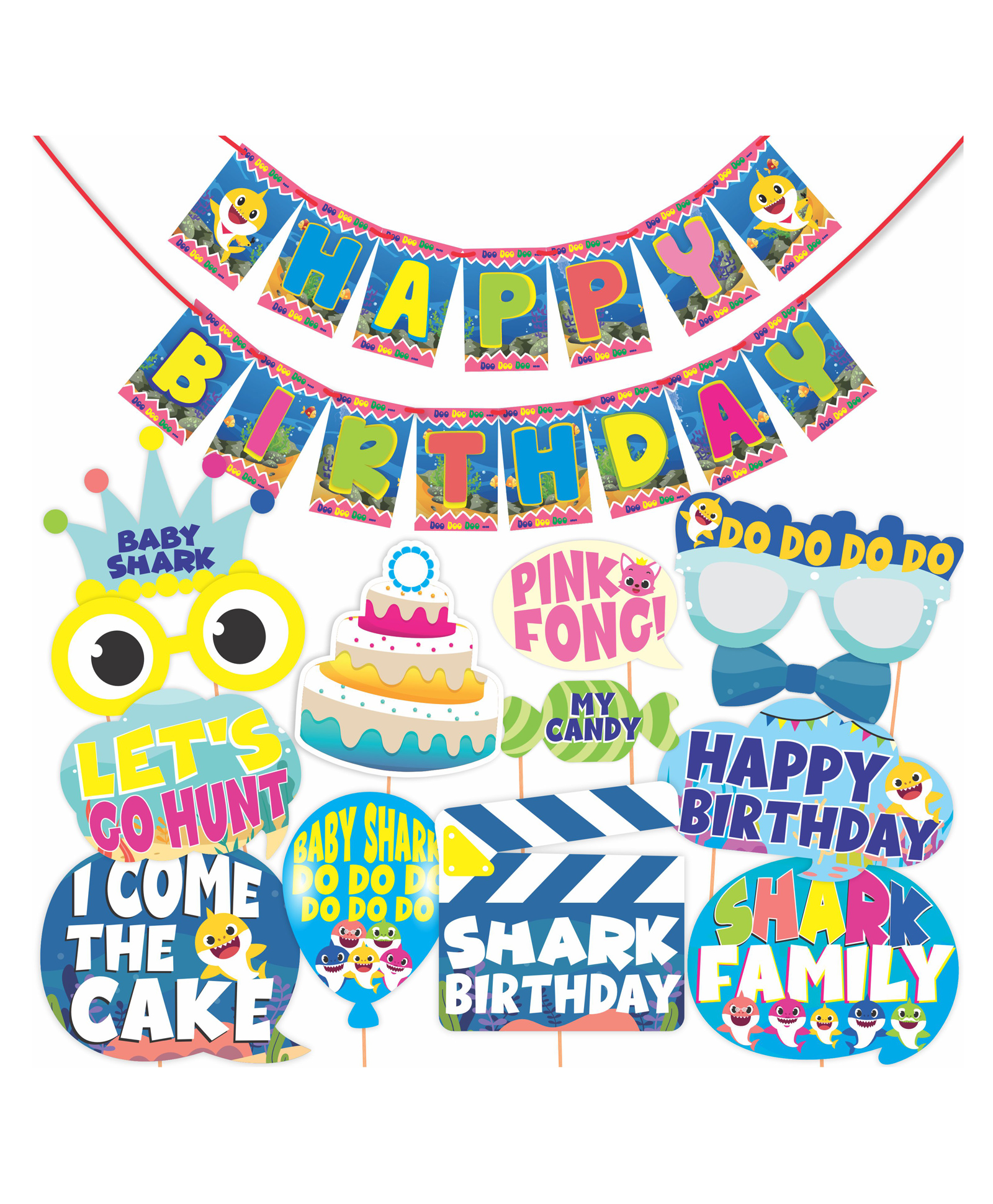 Wobbox Happy Birthday Props, Happy Birthday Banner, Baby Shark Theme Decoration Items Multi Color -Pack Of 14-image-37
