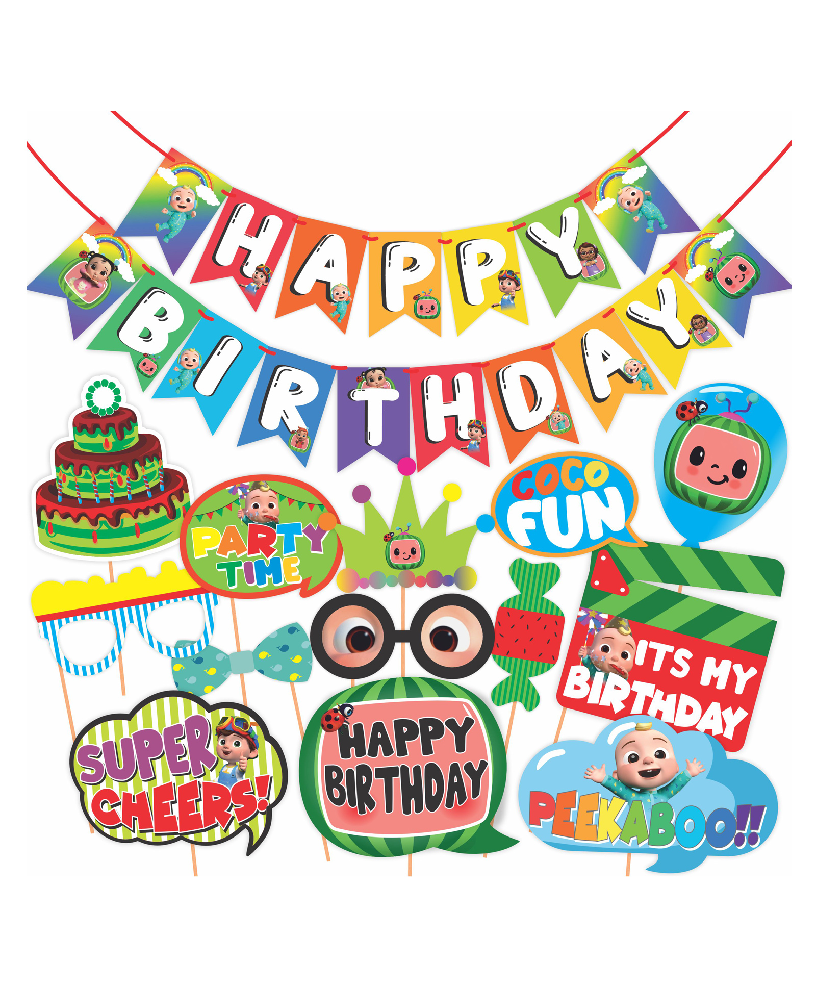 Wobbox Happy Birthday Props Happy Birthday Banner Cocomelon Theme Decoration Items Multi Color -Pack Of 14-picture-25