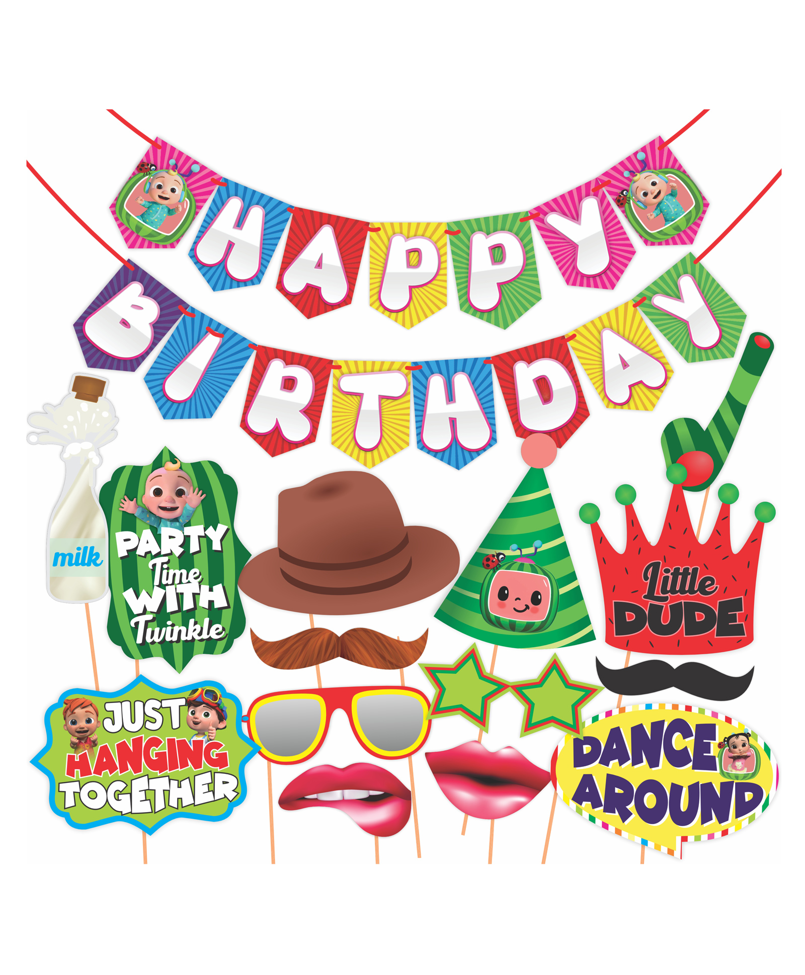 Wobbox Happy Birthday Props Happy Birthday Banner Cocomelon Theme Decoration Items Multi Color -Pack Of 15-image-13