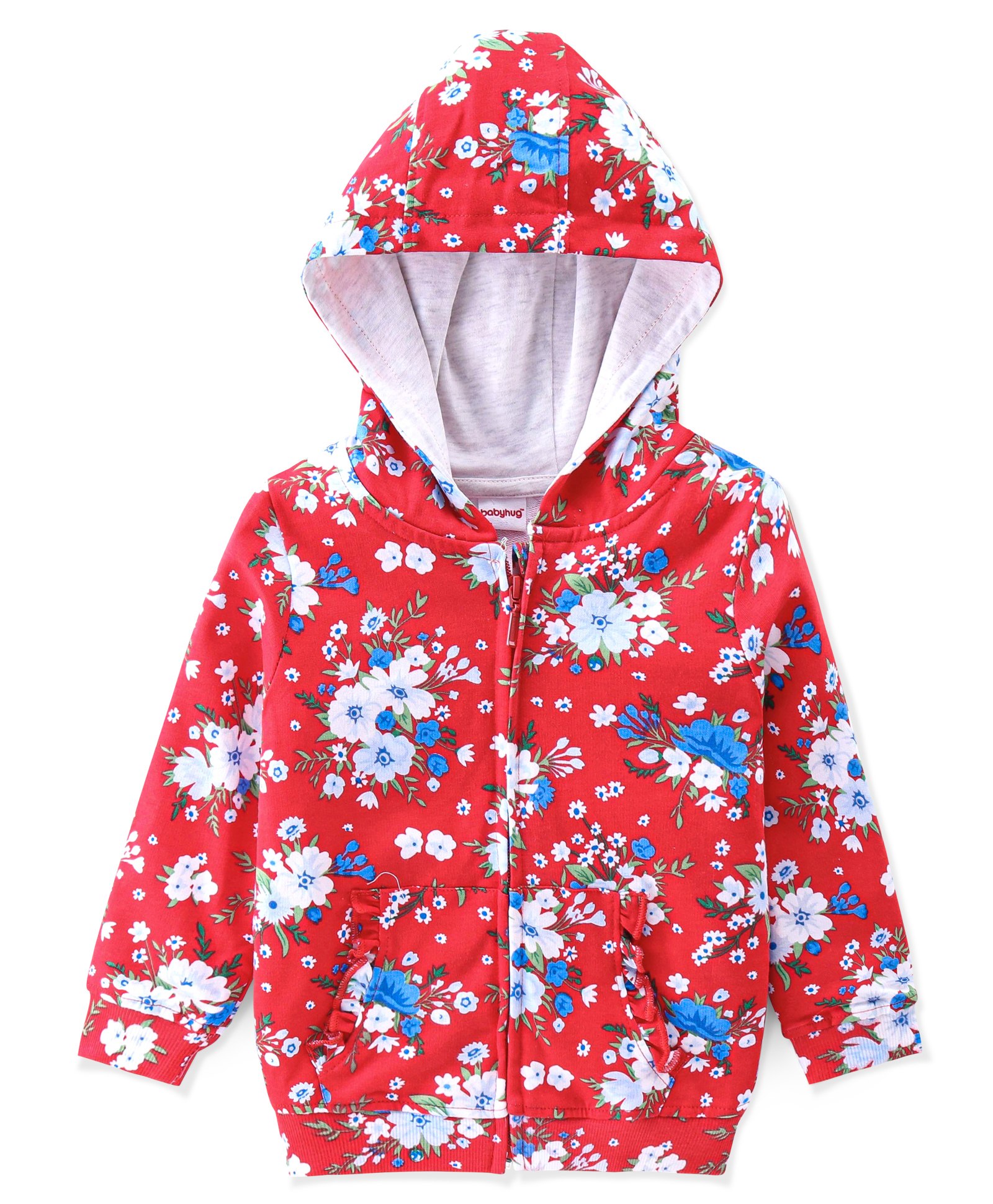 Babyhug Cotton Knit Full Sleeves Front Open Sweatjacket with Hood & Floral Print - Red-picture-16