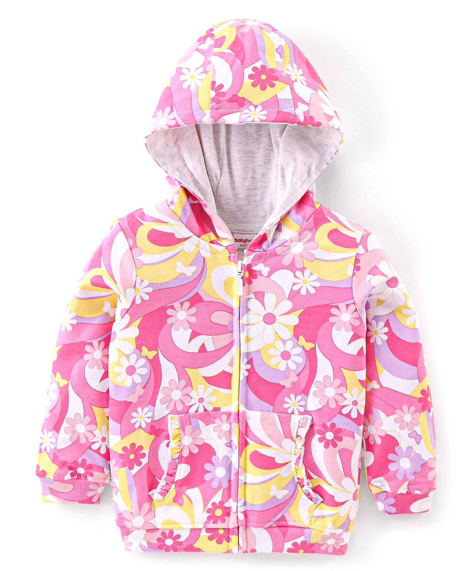 Babyhug Cotton Full Sleeves Front Open Sweatjacket with Hood Zipper & Floral Print - Pink-picture-25