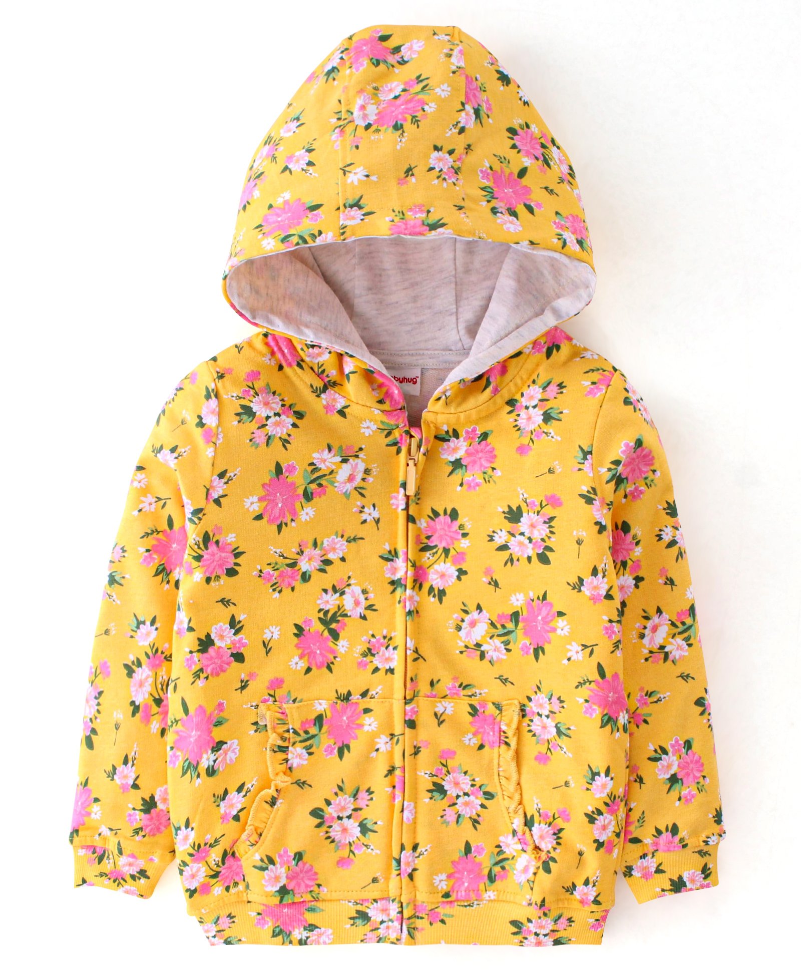 Babyhug Cotton Knit Full Sleeves Front Open Sweatjacket with Hood & Floral Print - Yellow-picture-25