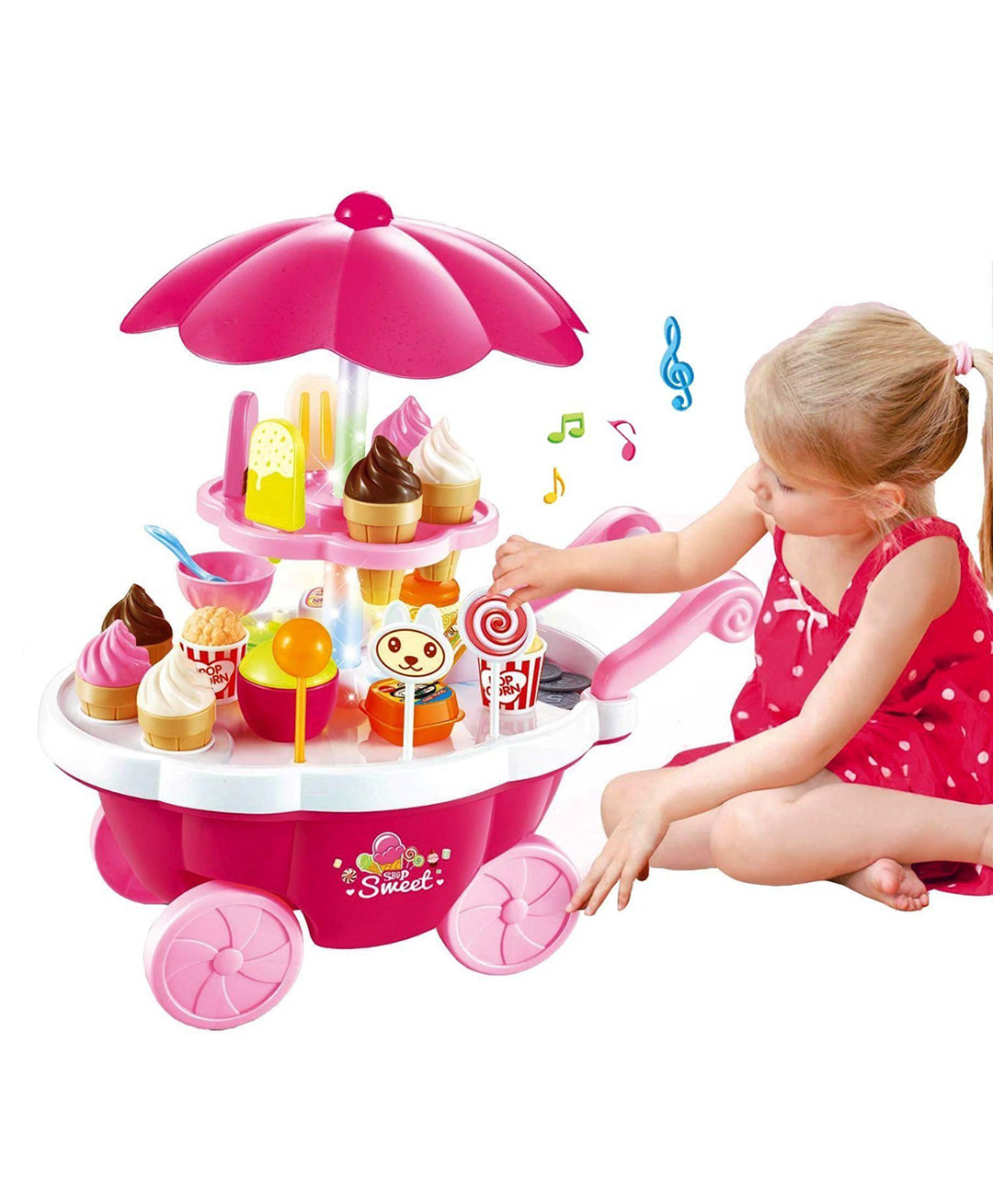 Lattice Sweet Candy Shopping Cart Toy Set with Light and Sound Effect for Kids,Real Cart with Pretend Candies 39 pcs-Color may Vary-image-3