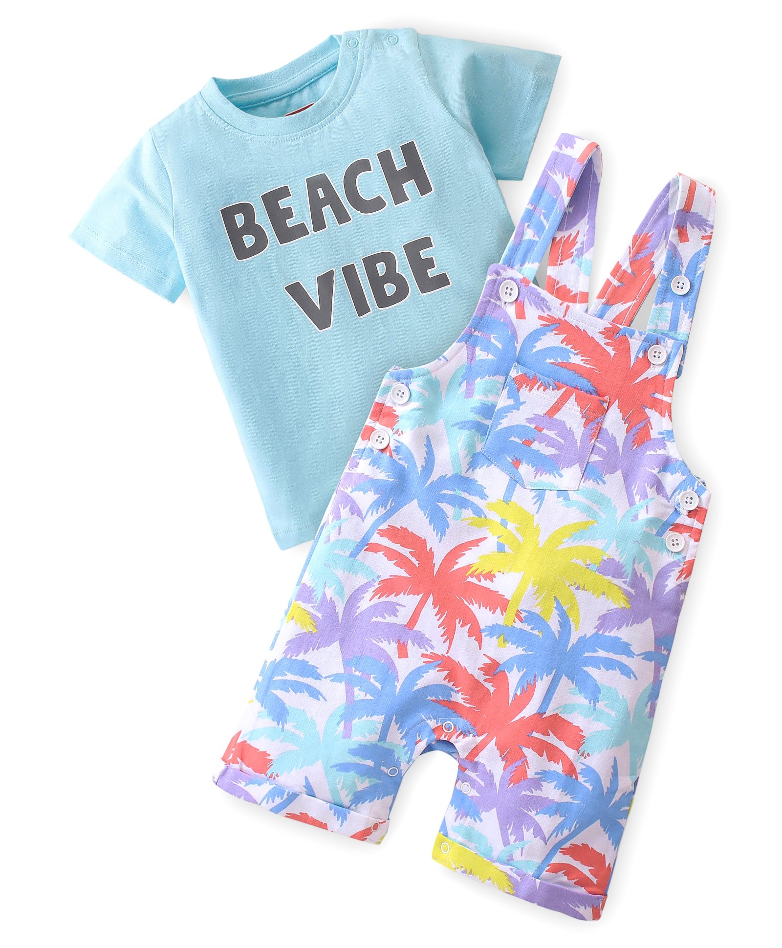 Babyhug 100% Cotton Knit Dungaree with Half Sleeves Inner T-Shirt  Palm Tree Print - Multicolor-image-0