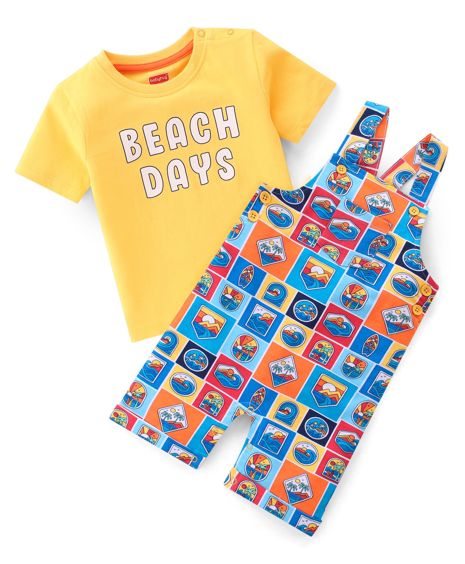 Babyhug 100% Cotton Knit Dungaree & Half Sleeves T-Shirt Set With Beach Theme Print - Multicolour-image-34