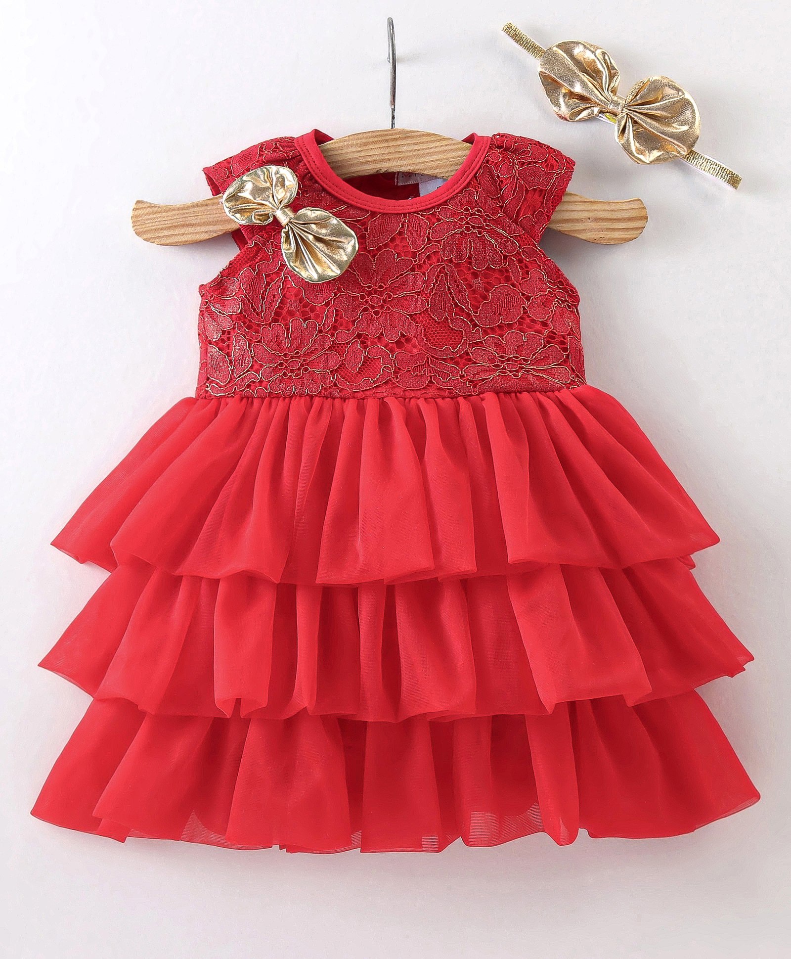Mark & Mia Sleeveless Party Wear Frock Style Onesie With Bow Applique - Red-picture-38