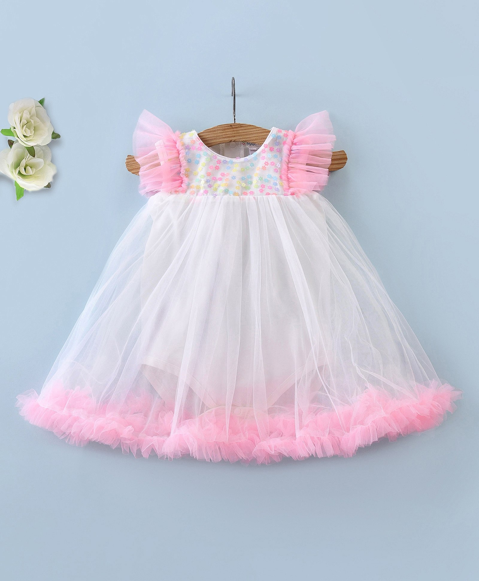 Mark & Mia Sleeveless Knee Length Party Onesie with Met & Frill Detailing - Cream & Pink-image-14