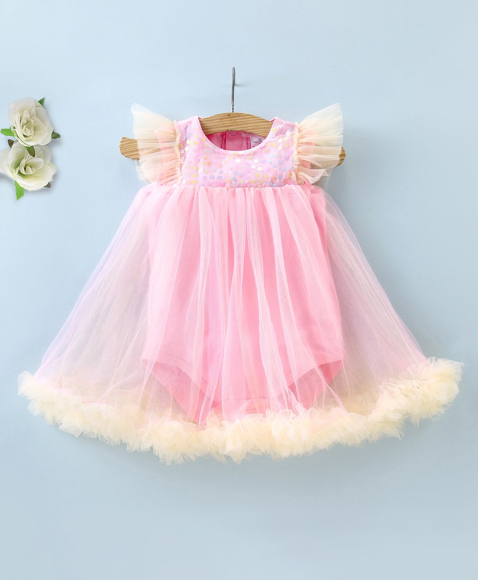 Mark & Mia Sleeveless Knee Length Party Onesie with Met & Frill Detailing - Pink-image-7