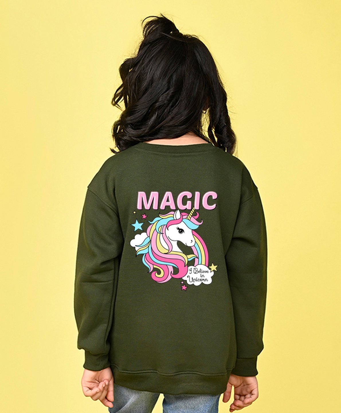 NUSYL Fleece Full Sleeves I Believe In Unicorn Text Printed Oversized Sweatshirt - Green-picture-5