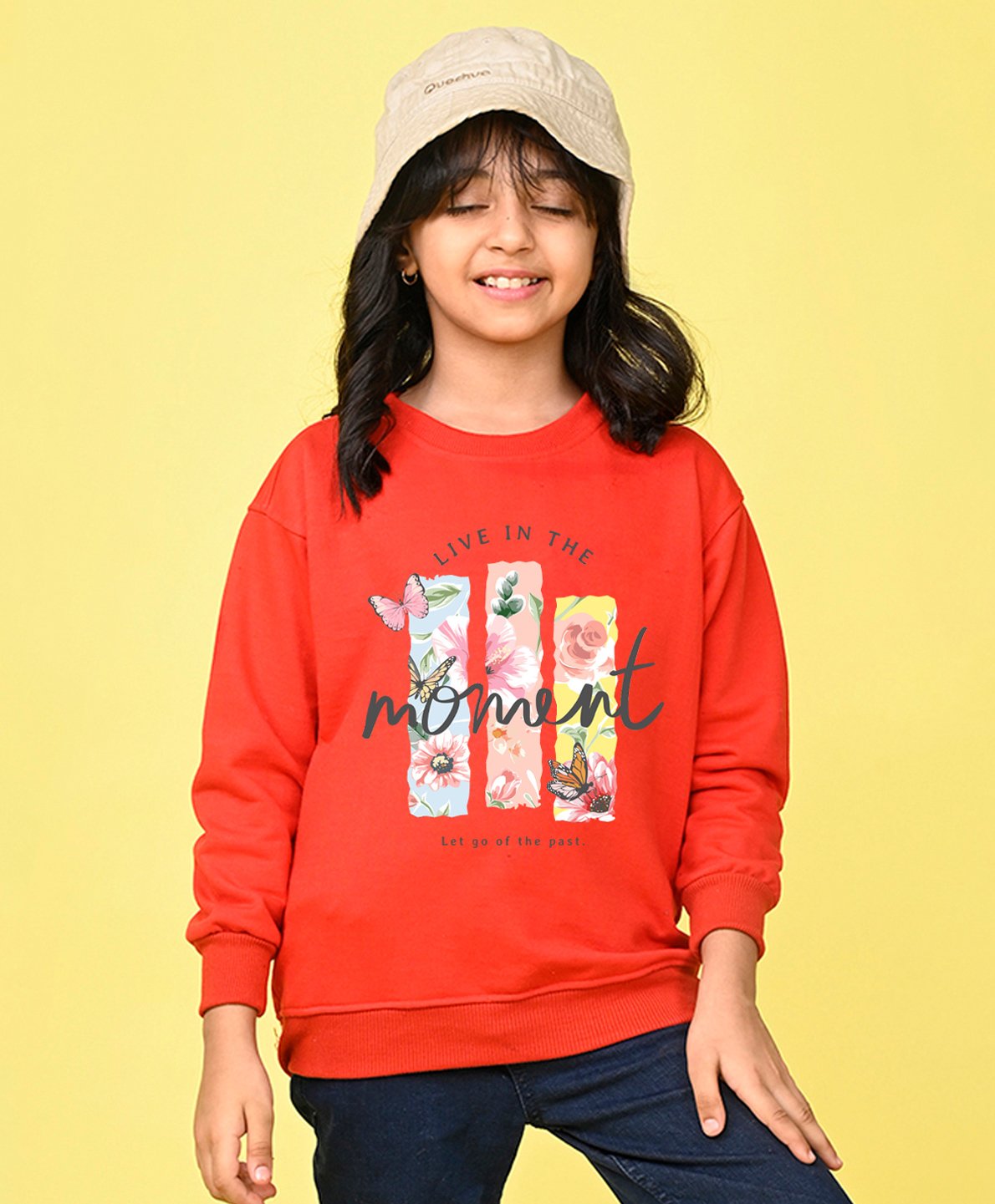 NUSYL Fleece Full Sleeves Moment Text & Flowers Printed Oversized Sweatshirt - Red-image-41