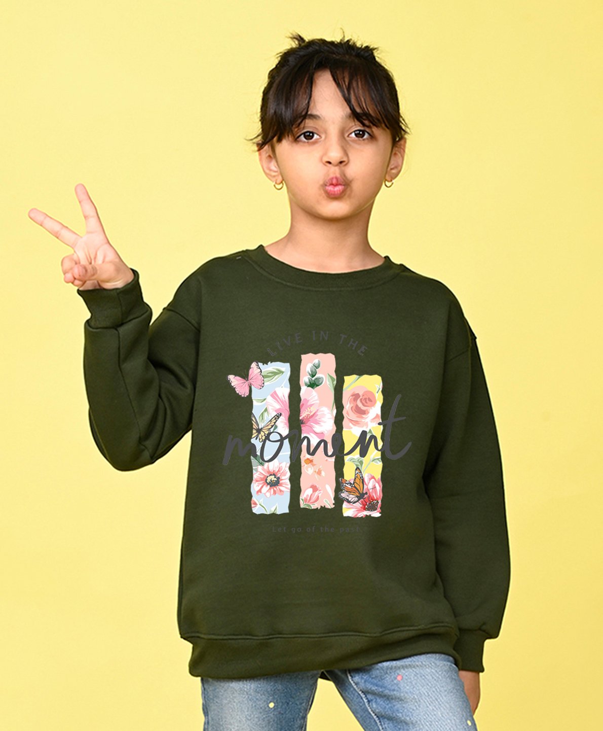 NUSYL Full Sleeves Moment Text & Flowers Printed Sweatshirt - Green-image-29