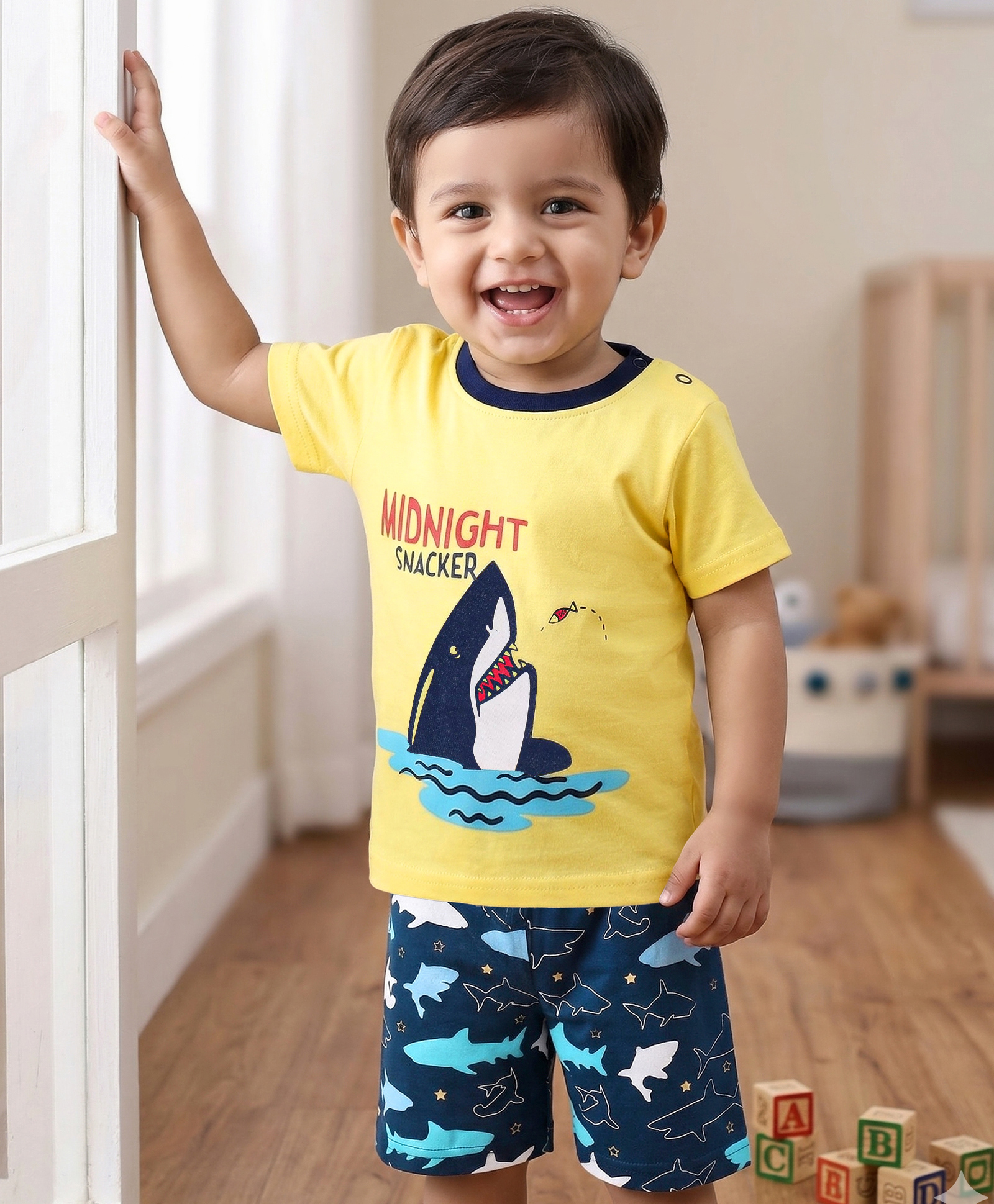 Babyhug Cotton Knit Half Sleeves Night Suit Whale Print - Yellow & Navy Blue-image-35