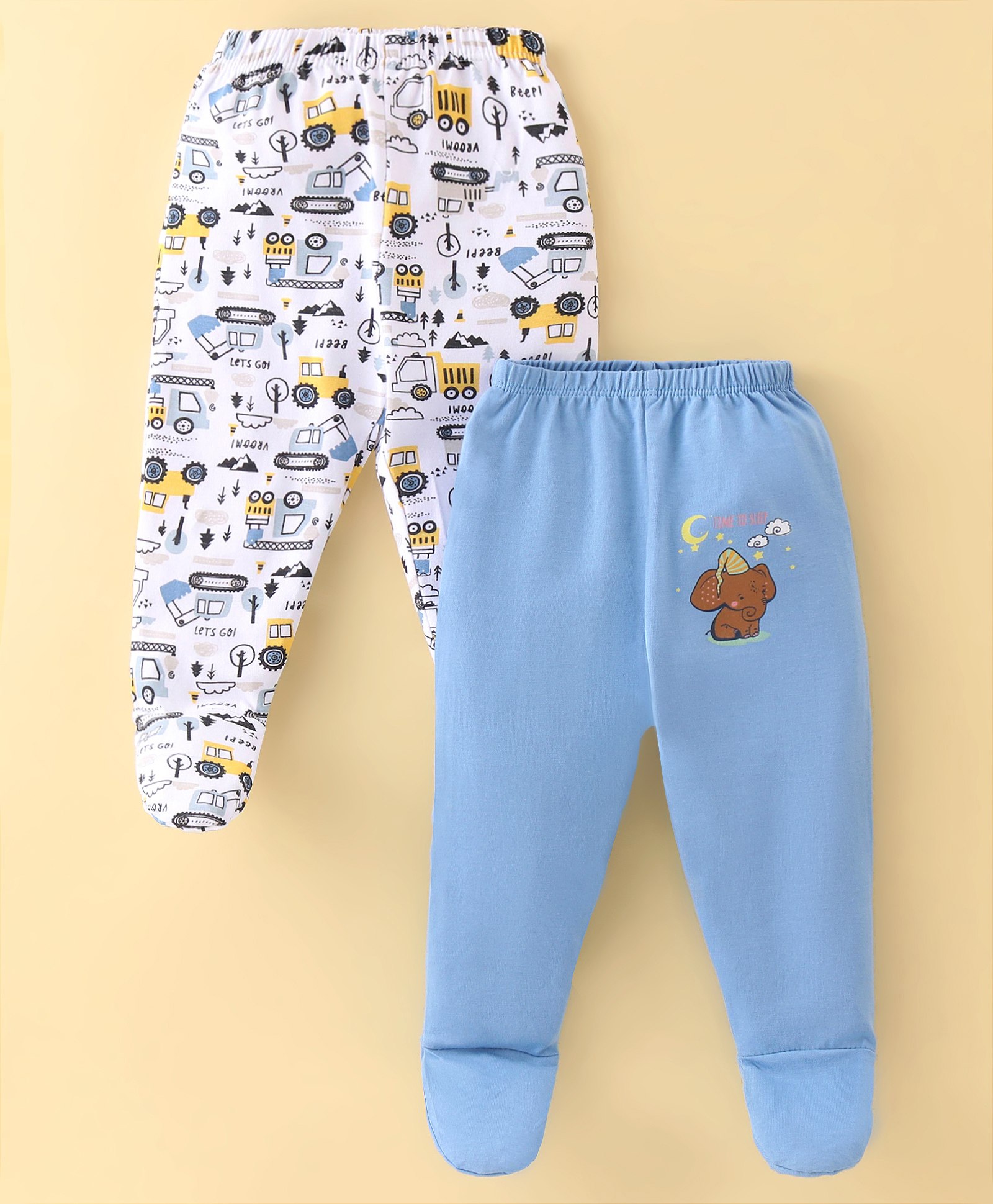 OHMS Single Jersey Knit Bootie Leggings Construction Vehicle Print Pack of 2 - White & Blue-image-2