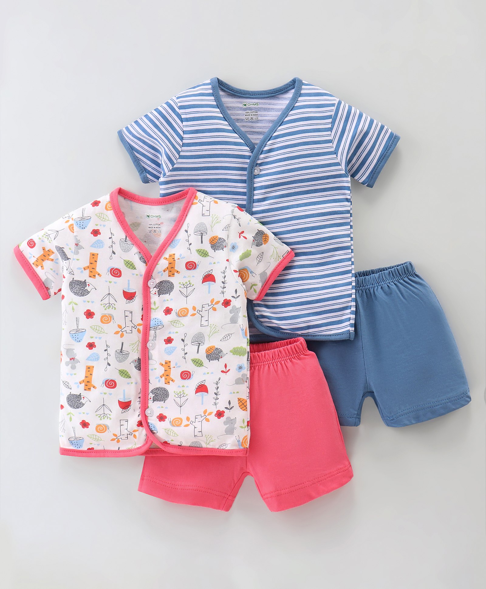 OHMS Cotton Single Jersey Knit Half Sleeves Night Suit Stripes & Jungle Safari Theme Pack Of 2 - Blue & Pink-image-33