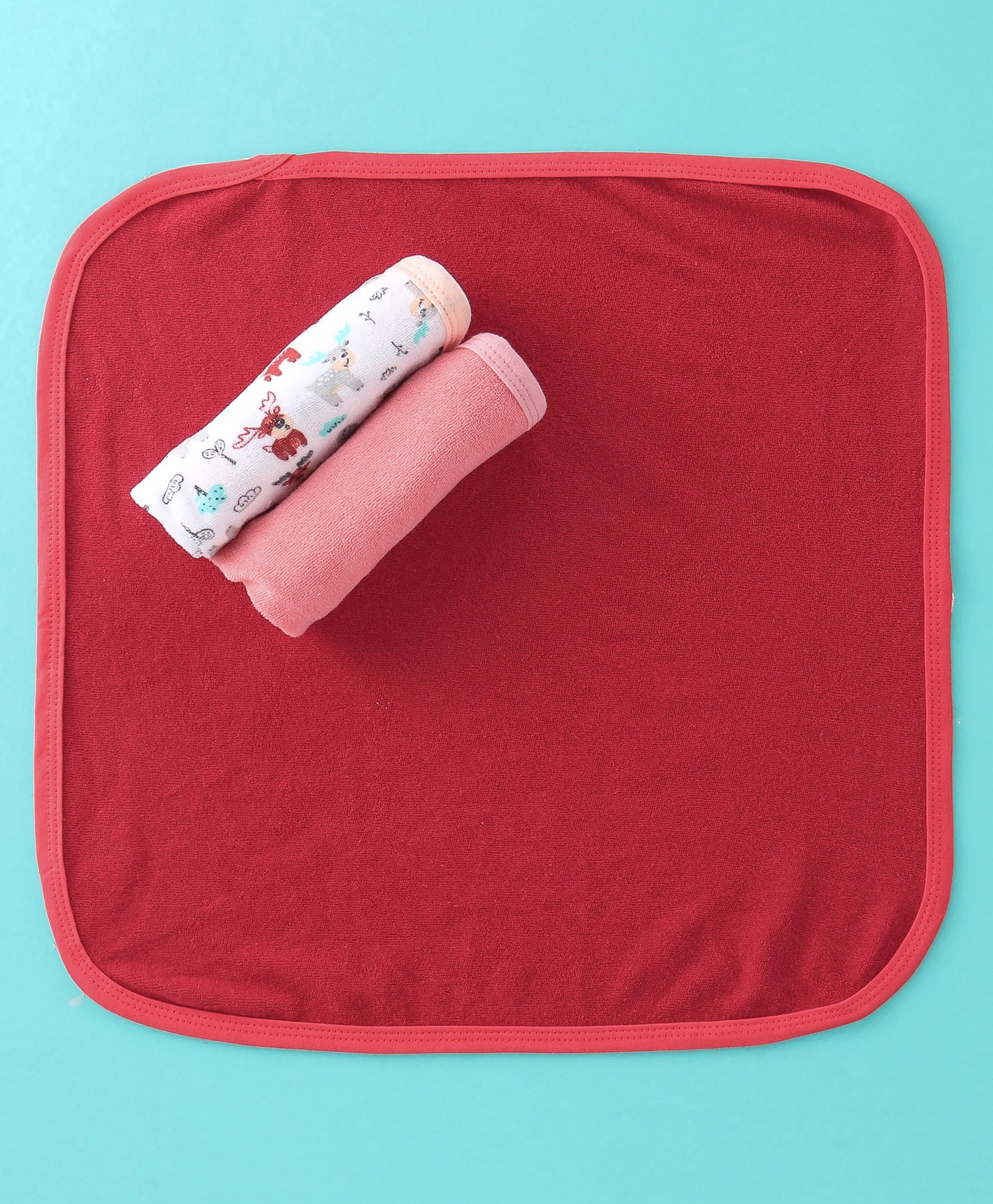 OHMS Interlock Cotton Knit Hand & Face Towels Animal & Solid Colour  Pack of 7 L 22 x B 22 cm - Red Pink & White-image-30