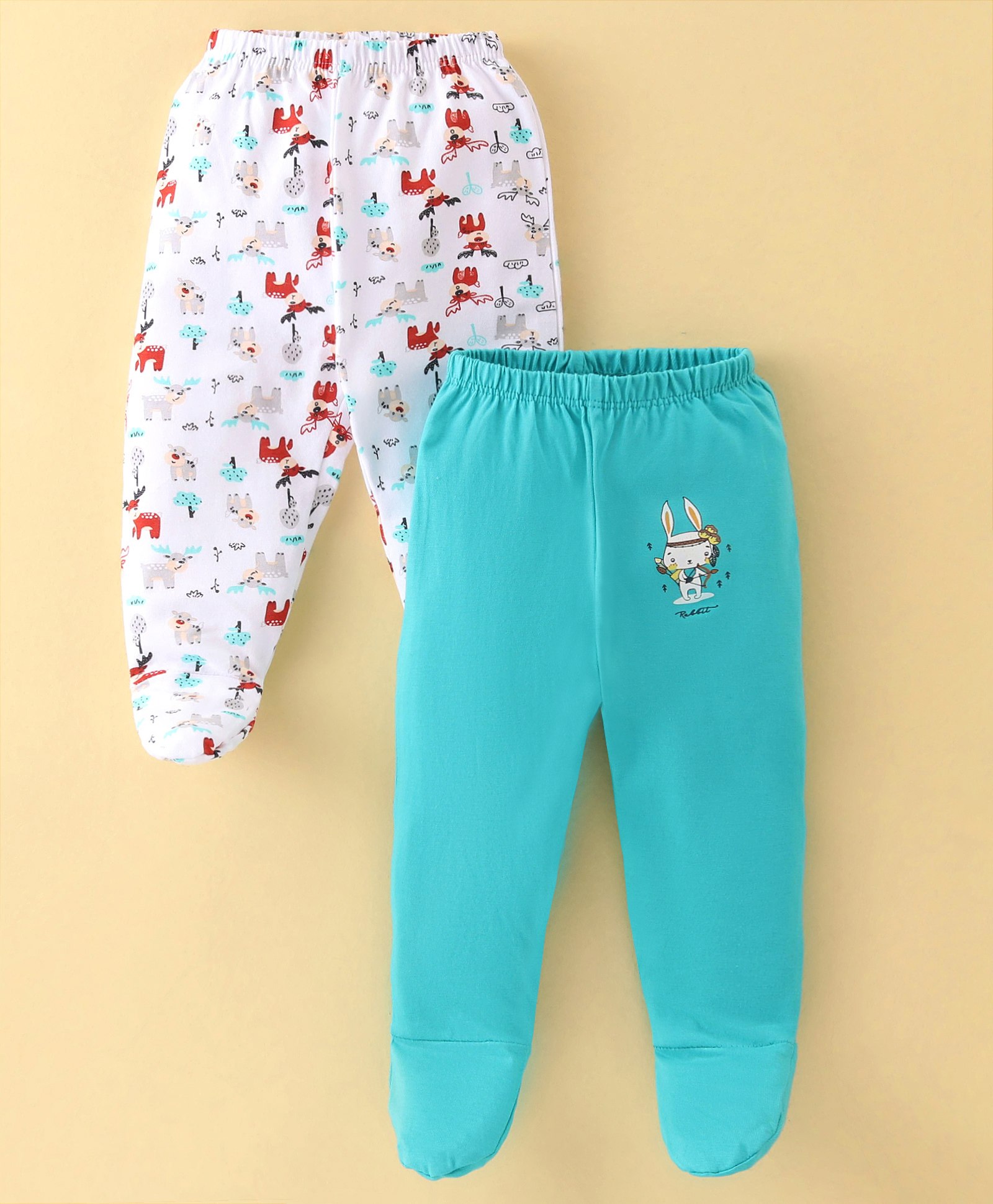 OHMS Single Jersey Bootie Pants Deer & Bunny Print Pack of 2 - Blue & White-image-0