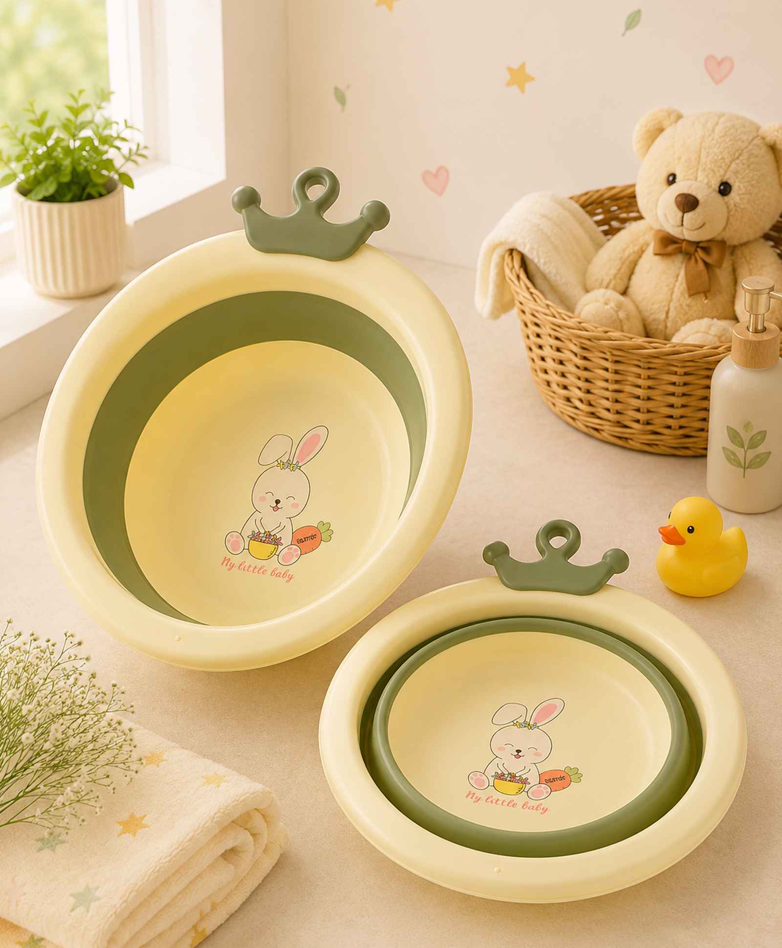 Portable Bathroom Wash Basin with Bunny Print - Yellow & Green-image-45