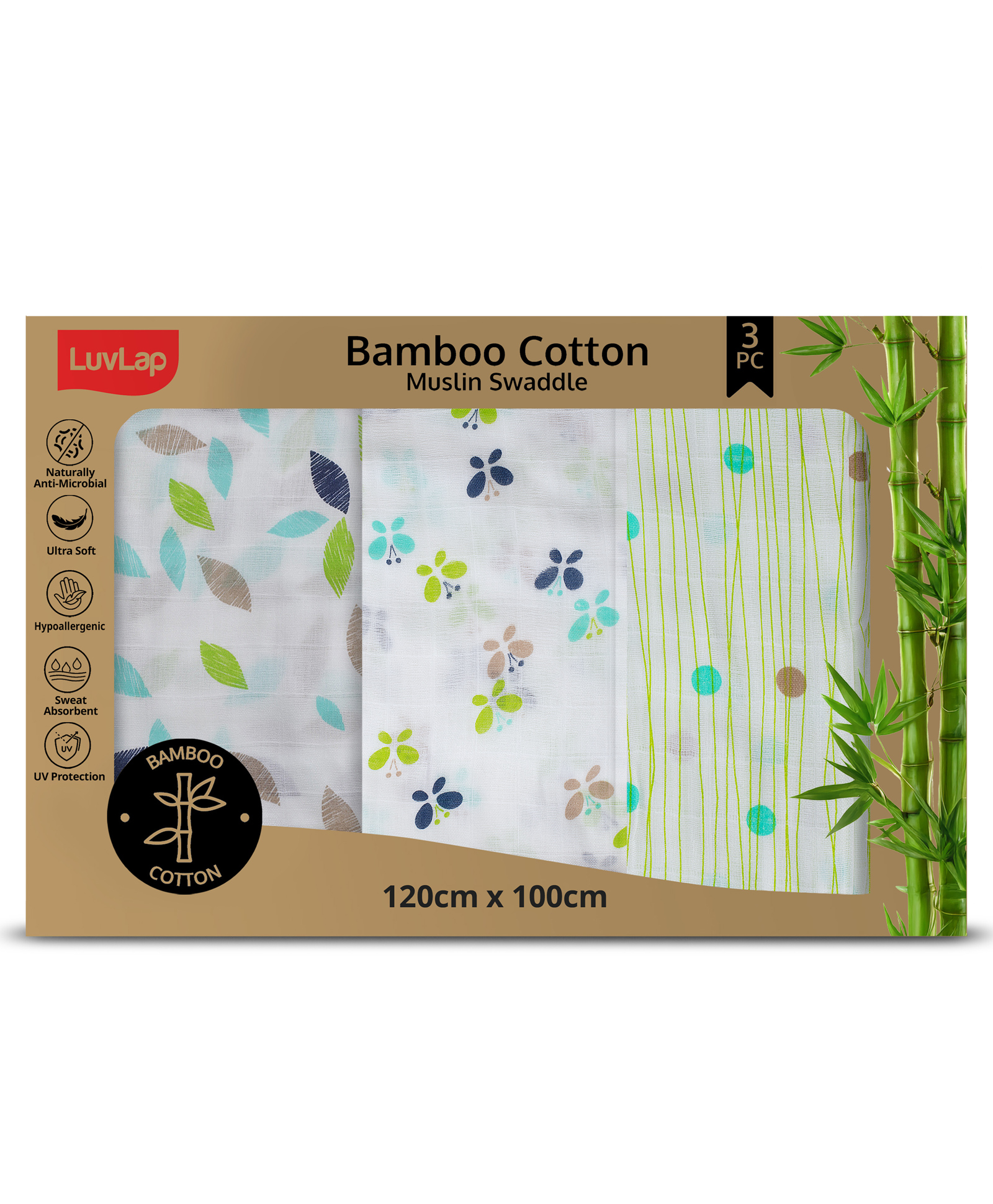luvlap Luv Lap Bamboo Cotton Muslin Baby Swaddle Set Leaf Butterfly Print - White-picture-18