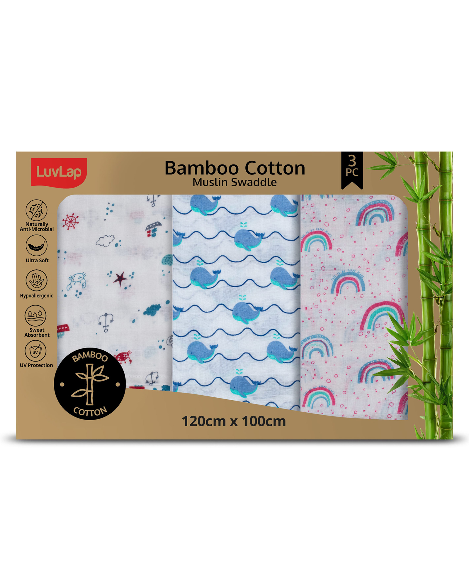 luvlap Luv Lap Bamboo Cotton Muslin Baby Swaddle Set Whale Rainbow Cloud Print - White-picture-28