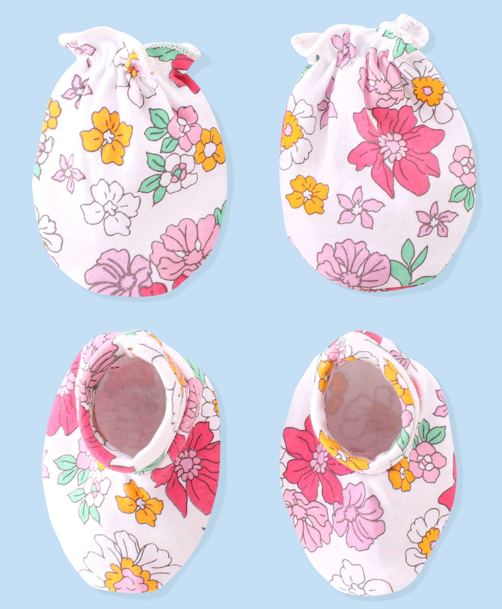 Babyhug 100% Cotton Knit Mittens & Booties Set Floral Print- White-image-10