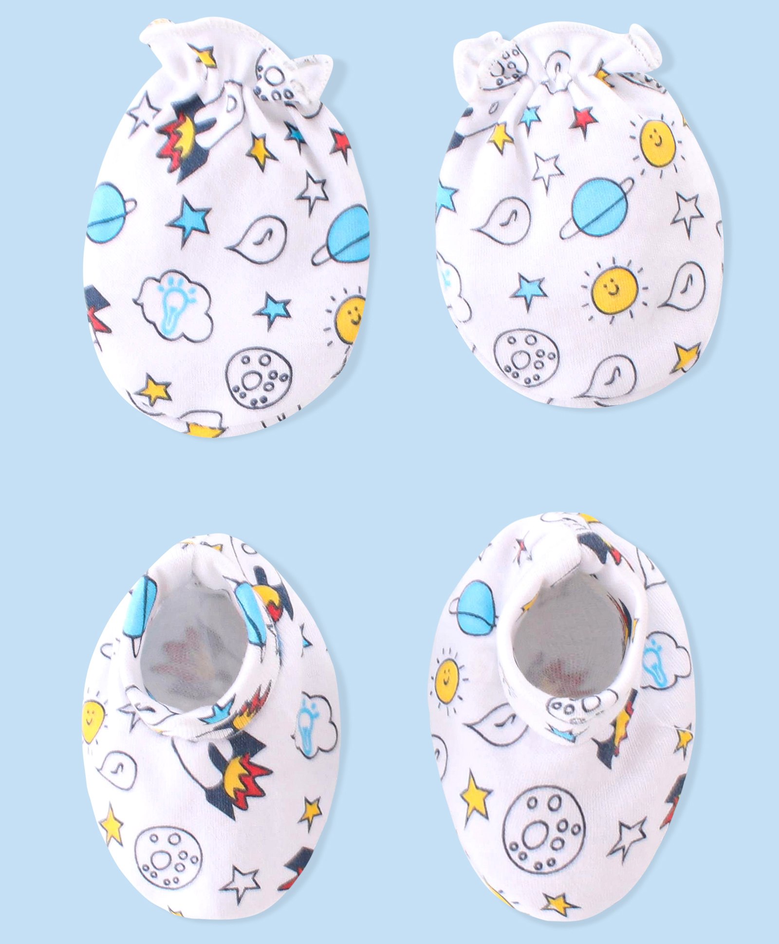 Babyhug 100% Cotton Knit Mittens & Booties Set Space Print- White-image-33