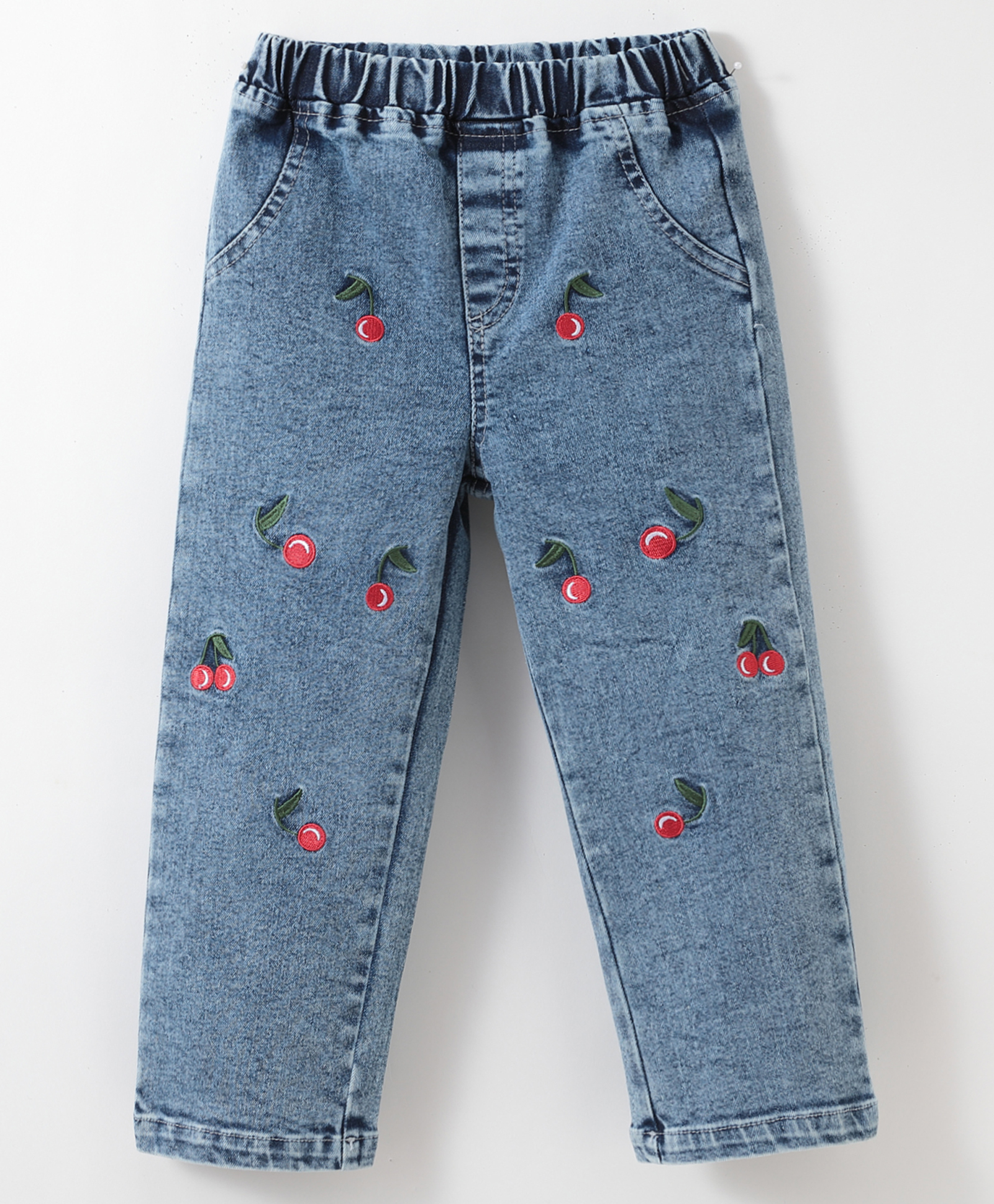 Kookie Kids Full Length Cherry Embroidered Washed Denim Jeans - Blue-picture-20