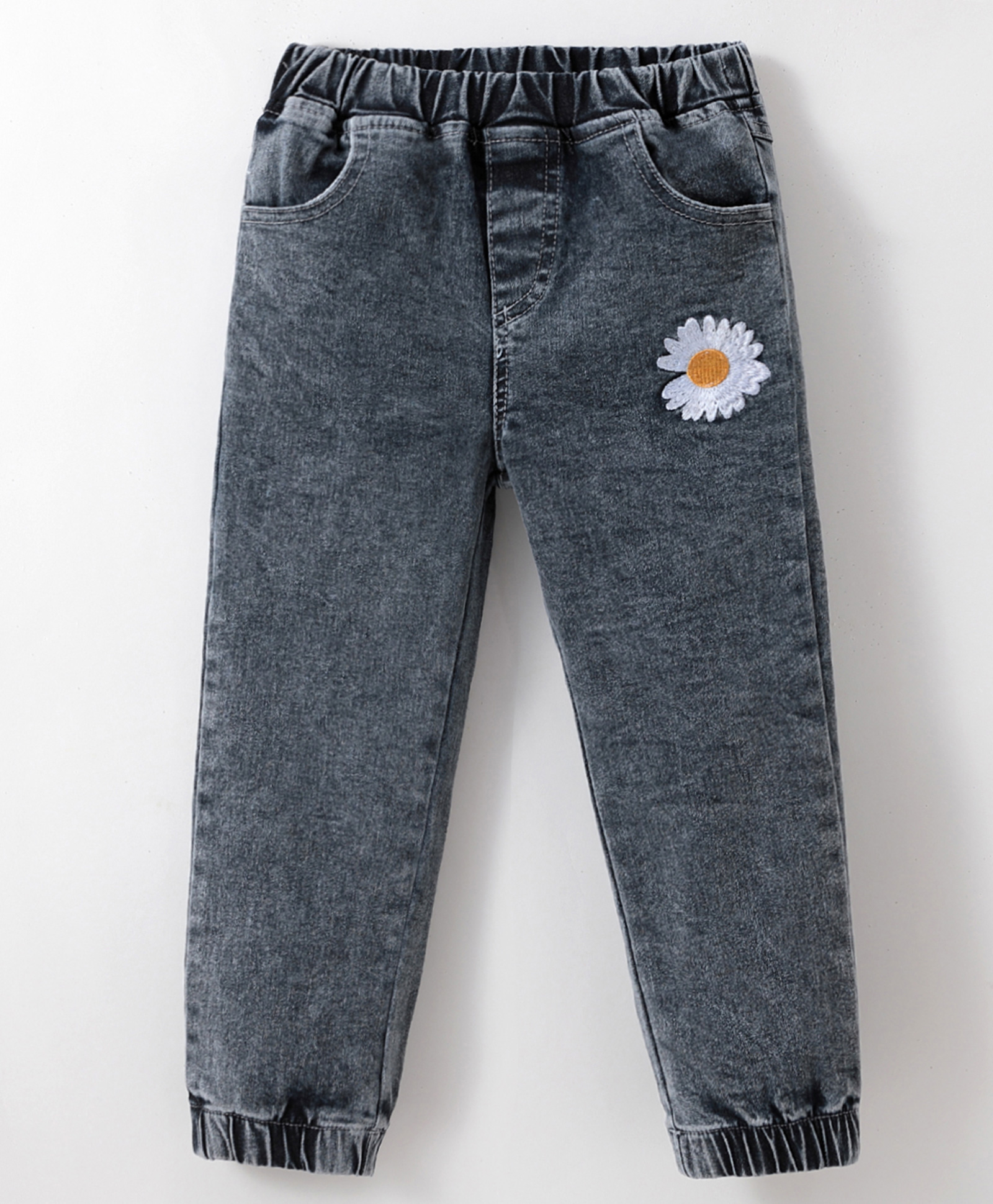 Kookie Kids Denim Washed Full Length Jeans With Floral Applique - Grey-image-43