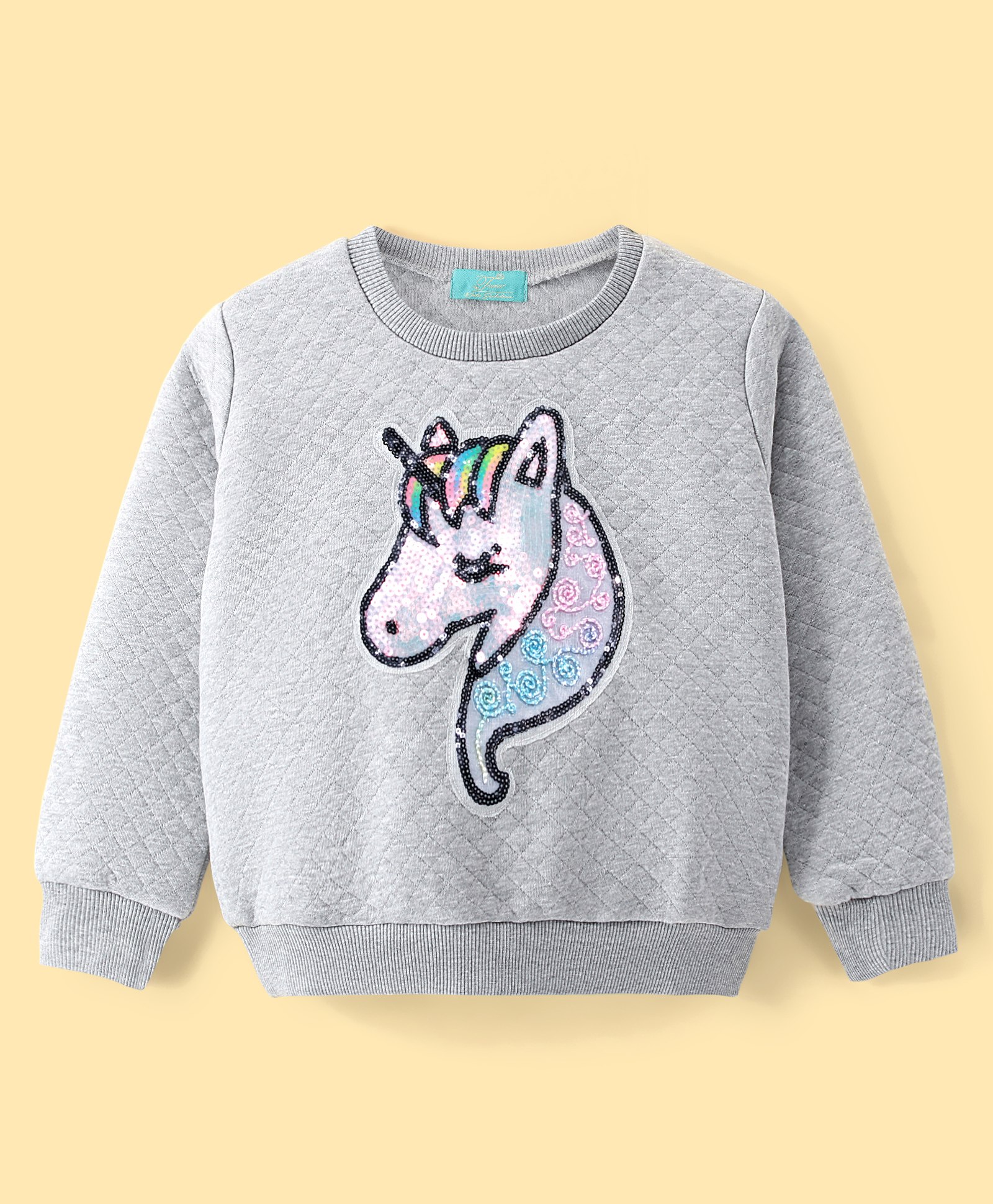 Tiara Full Sleeves Checked Designed Unicorn Sequin Embellished Fleece Sweatshirt - Grey-picture-12