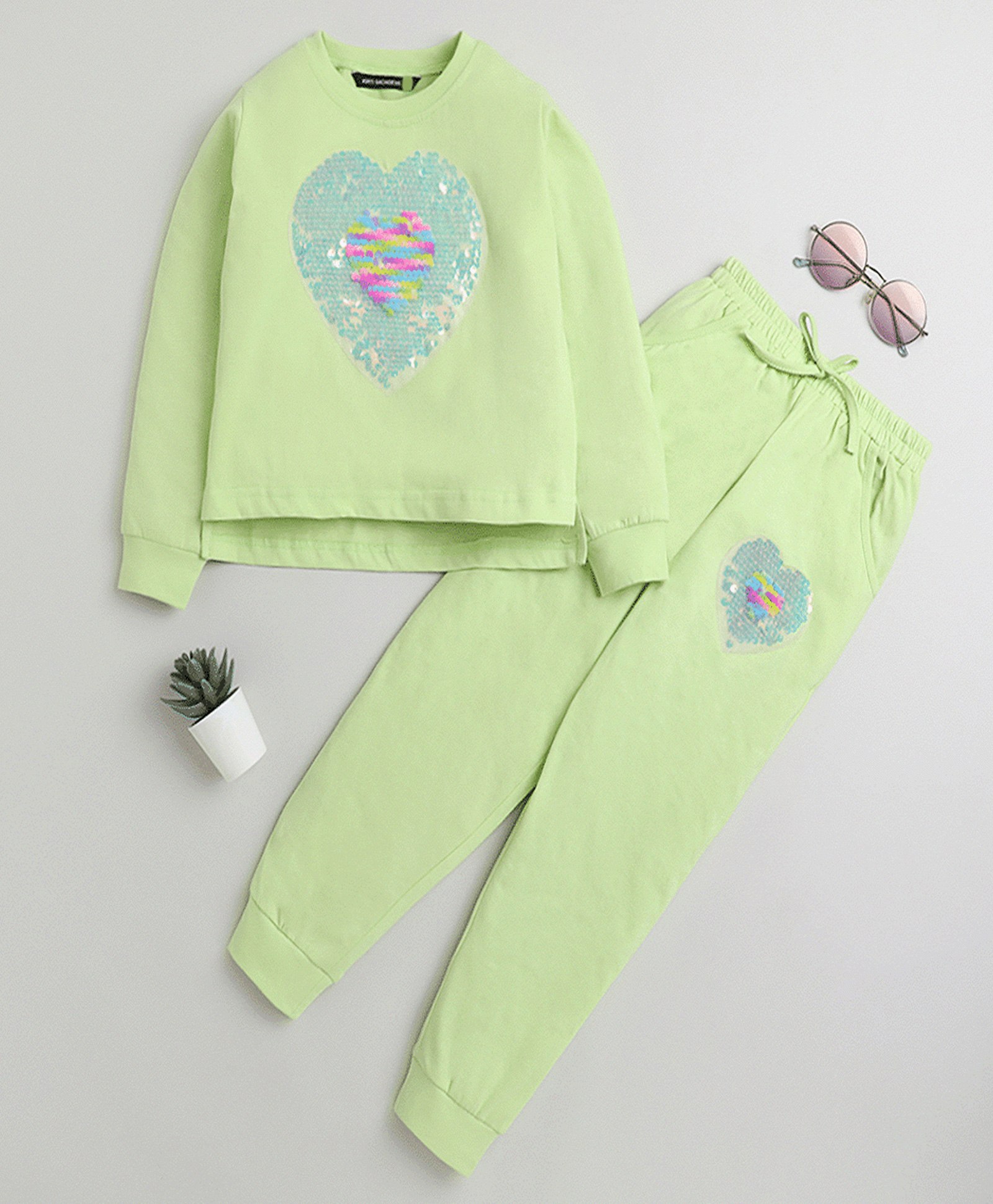 Tiara Full Sleeves Heart Sequin Embellished  Single Jersey Winter Jogger Set - Lime Green-image-10