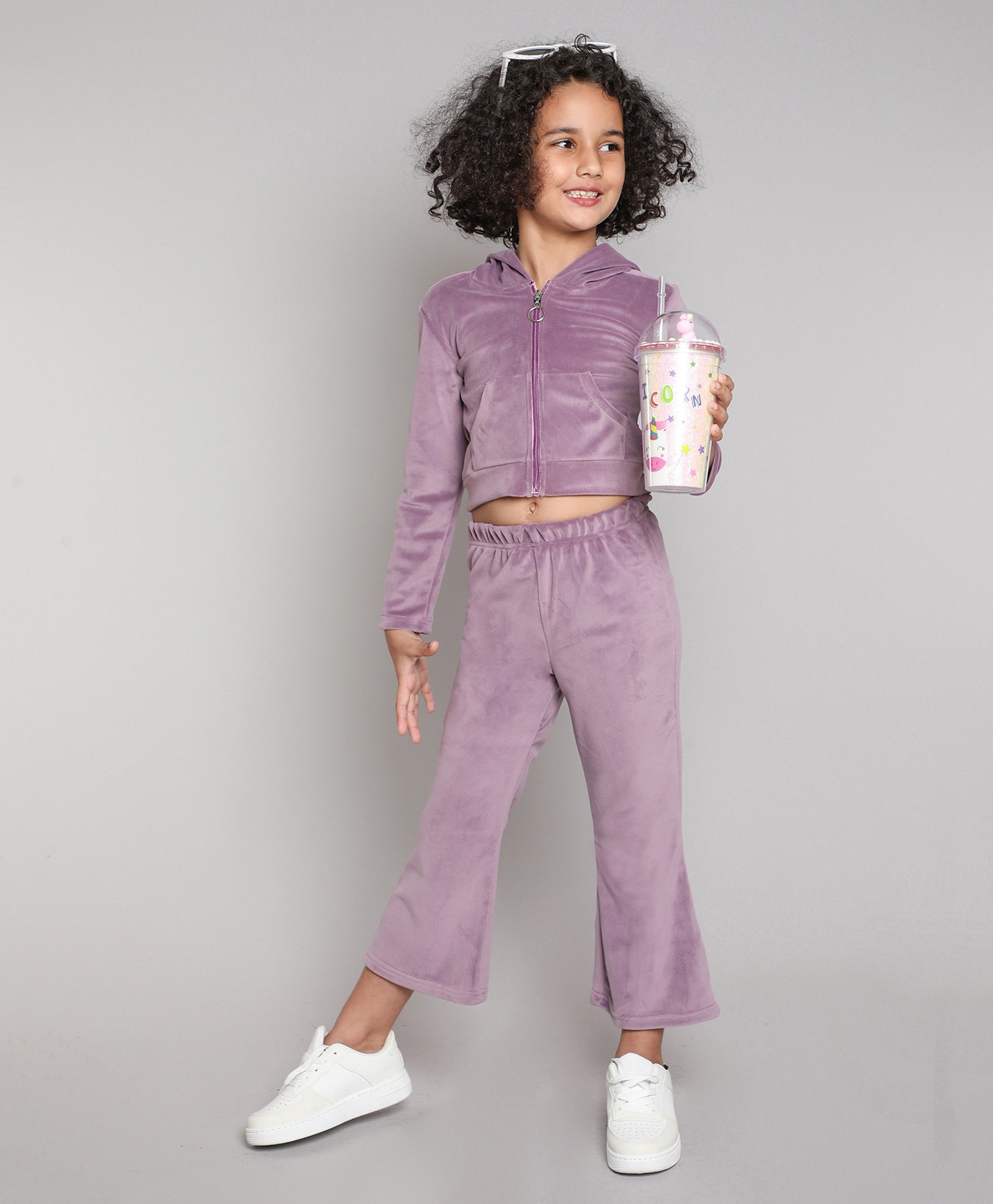 Taffykids full sleeves zip up hoodie and bell bottom pant set-Purple-image-32