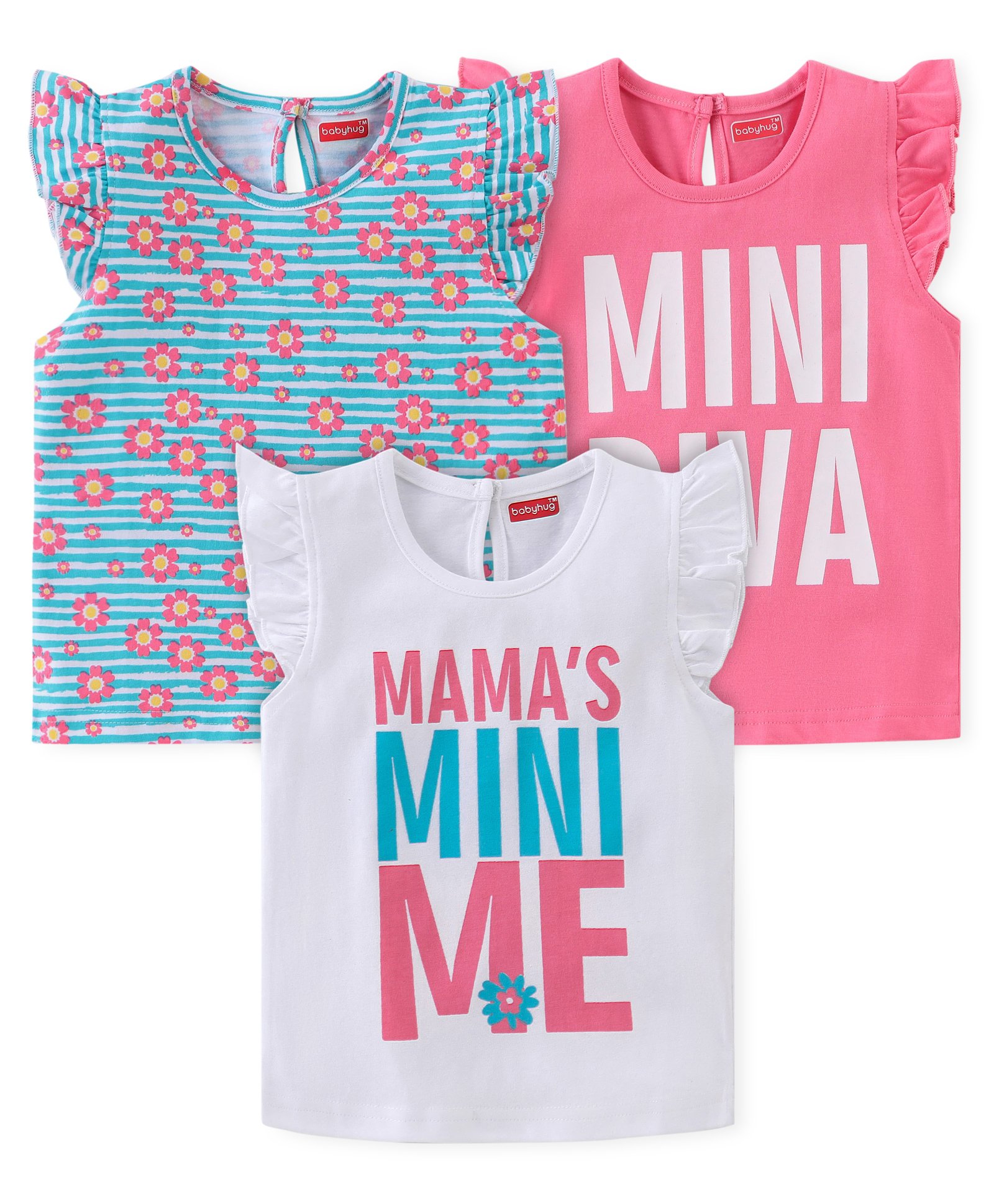 Babyhug Cotton Knit Frill Sleeves T-Shirts Floral & Text Print Pack of 3 - Multicolour-picture-33