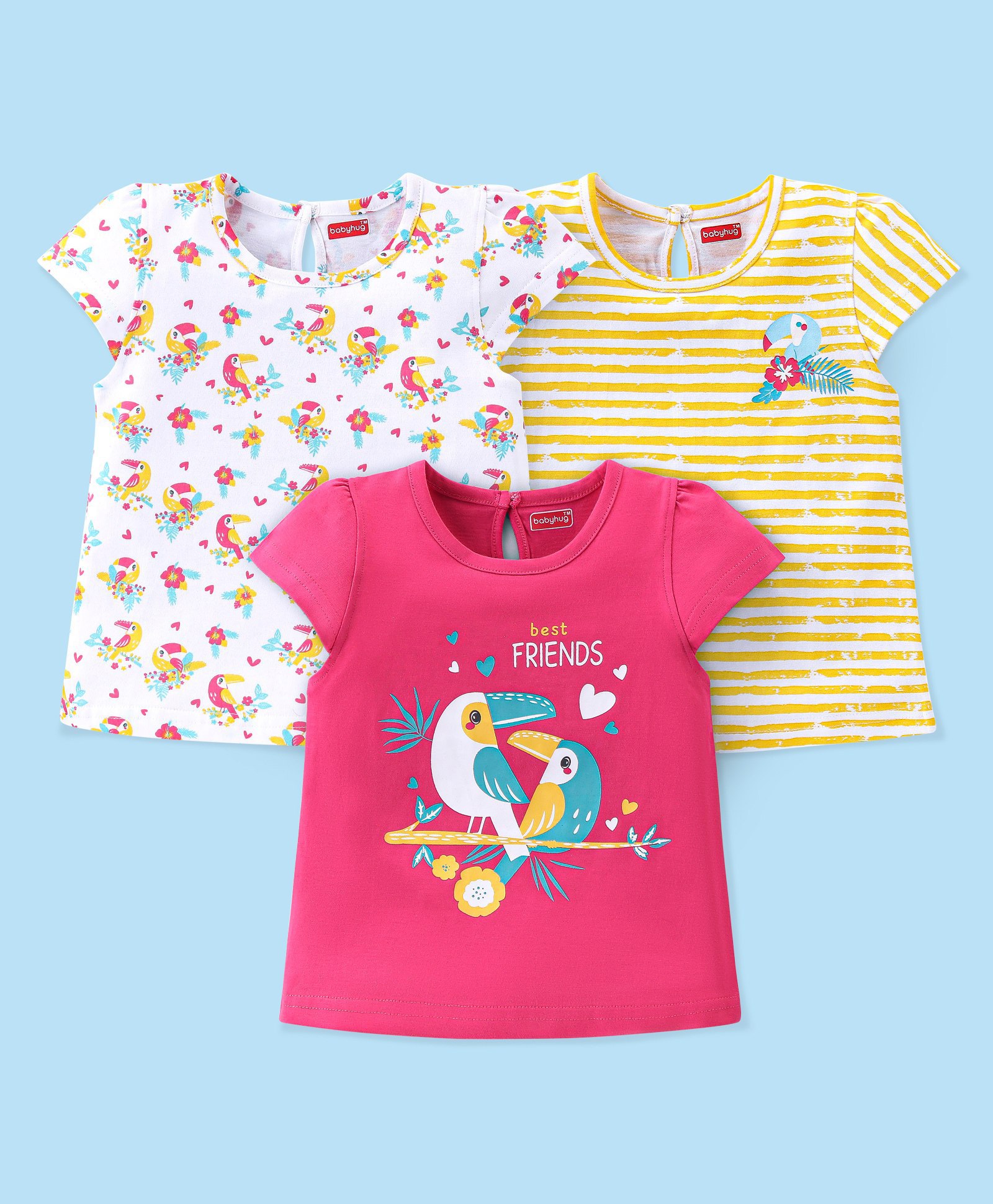 Babyhug Cotton Knit Cap Sleeves T-Shirts Toucan Bird Print Pack of 3 - Pink White & Yellow-image-10