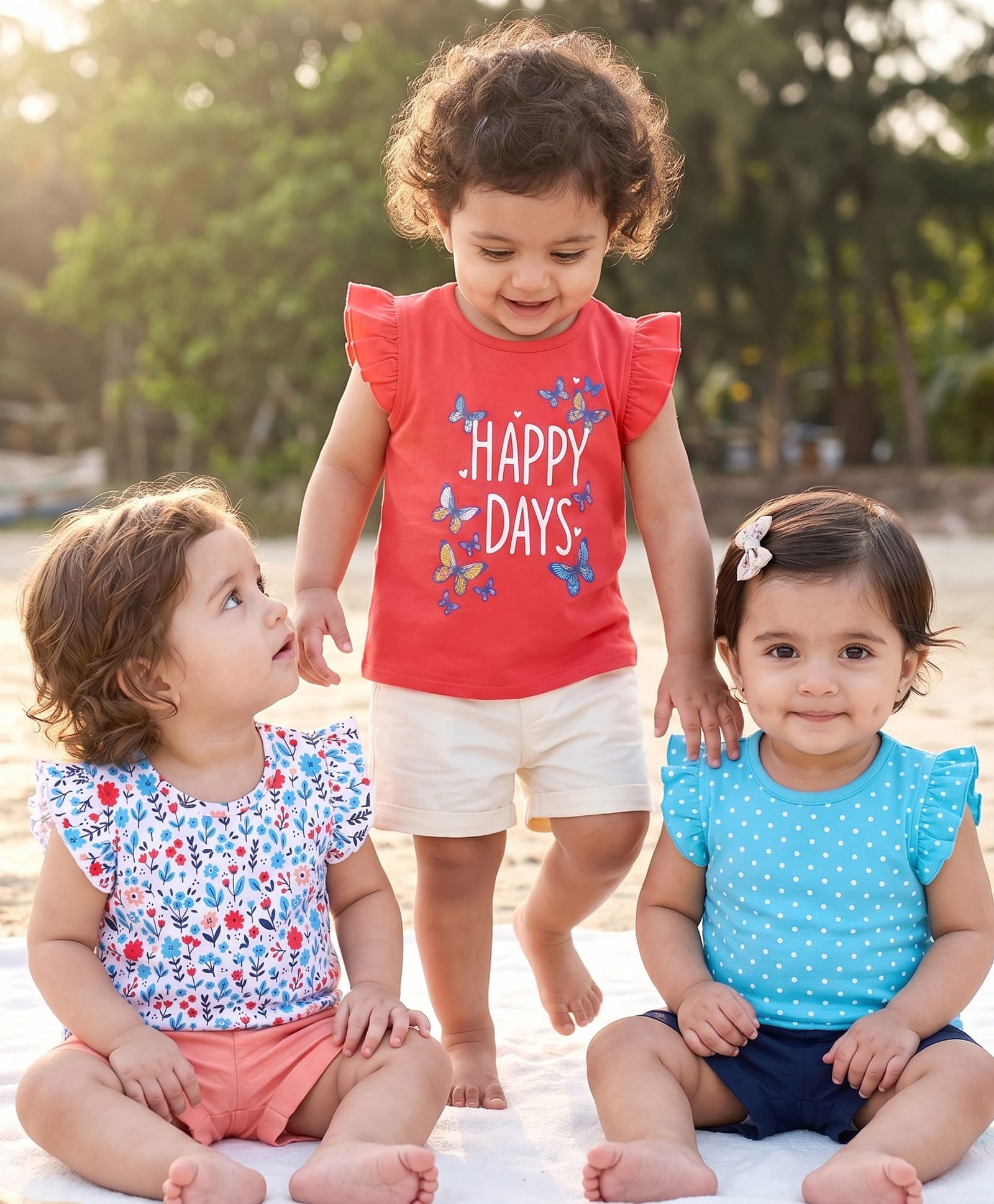 Babyhug Cotton Knit Sleeveless T-Shirt with Frills Floral & Dot Graphics Pack of 3- Blue & Red-image-14