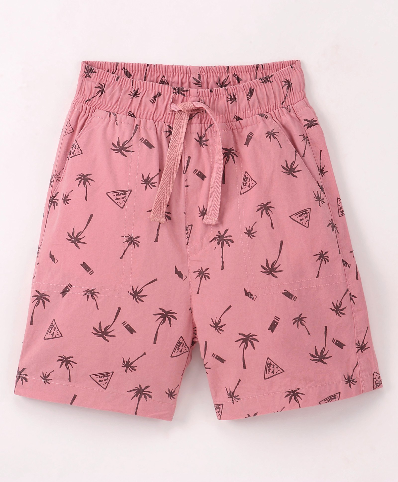 Cucumber Cotton Woven Mid Thigh Length Shorts Palm Tree Print - Peach-image-43