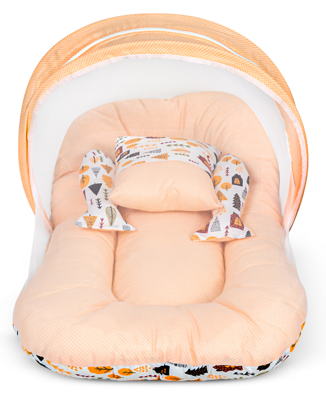 Baybee Cotton Bedding Set For New Born Baby With Mattress Mosquito Net with Zip Closure Neck Pillow & 2 Bolsters Baby Sleeping Bag Combo Gadda set - (Light Orange)-picture-10