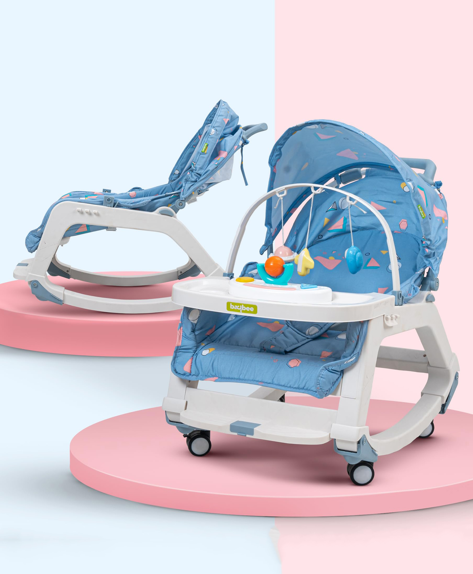 Baybee 5 in 1 Baby Rocking Chair for Kids with Hanging Toys Baby Dining Booster Seat with Multi Position Recline Music Wheels & Food Tray Rocker Chair for Babies (Blue)